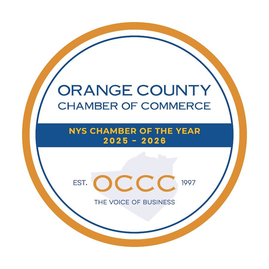 Orange County Chamber of Commerce circular seal, NYS Chamber of the Year 2025-2026, established 1997, The Voice of Business.