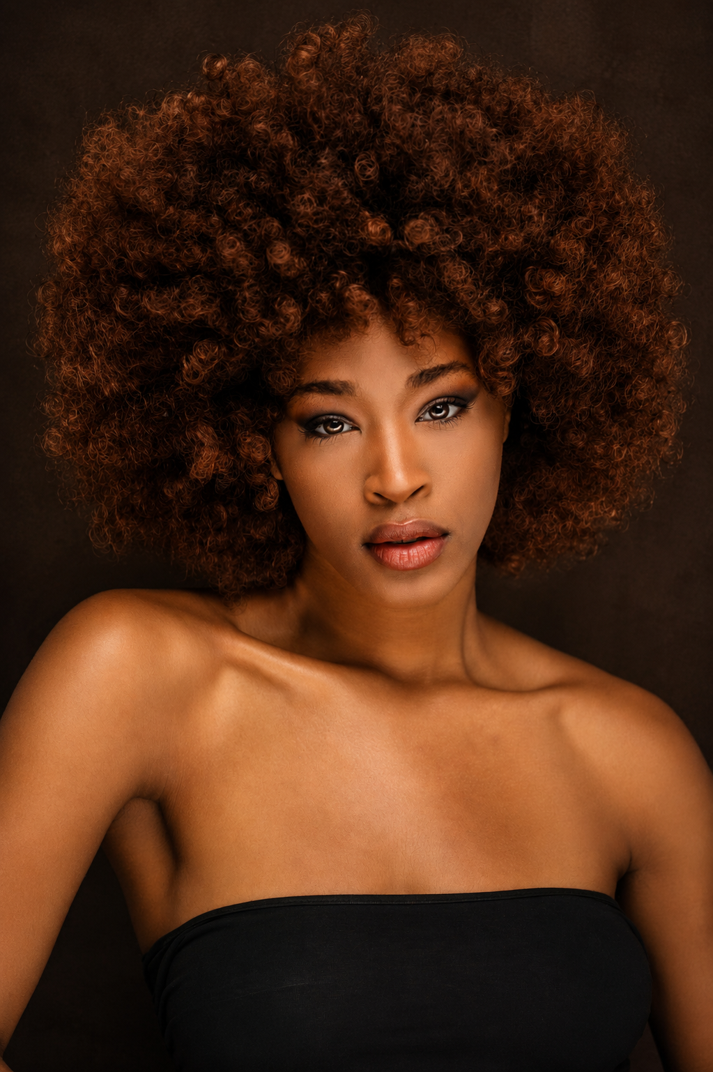 A young Black woman with a voluminous auburn afro hairstyle poses confidently in a black strapless top against a dark background.
