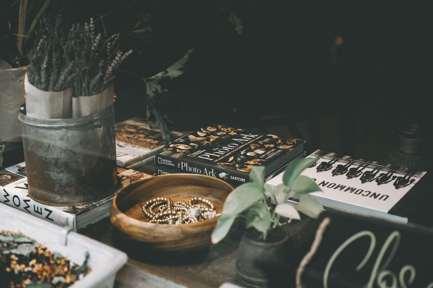 Retail display table with a wooden bowl of jewelry, a leafy plant, lavender in a pot and assorted books and cards.