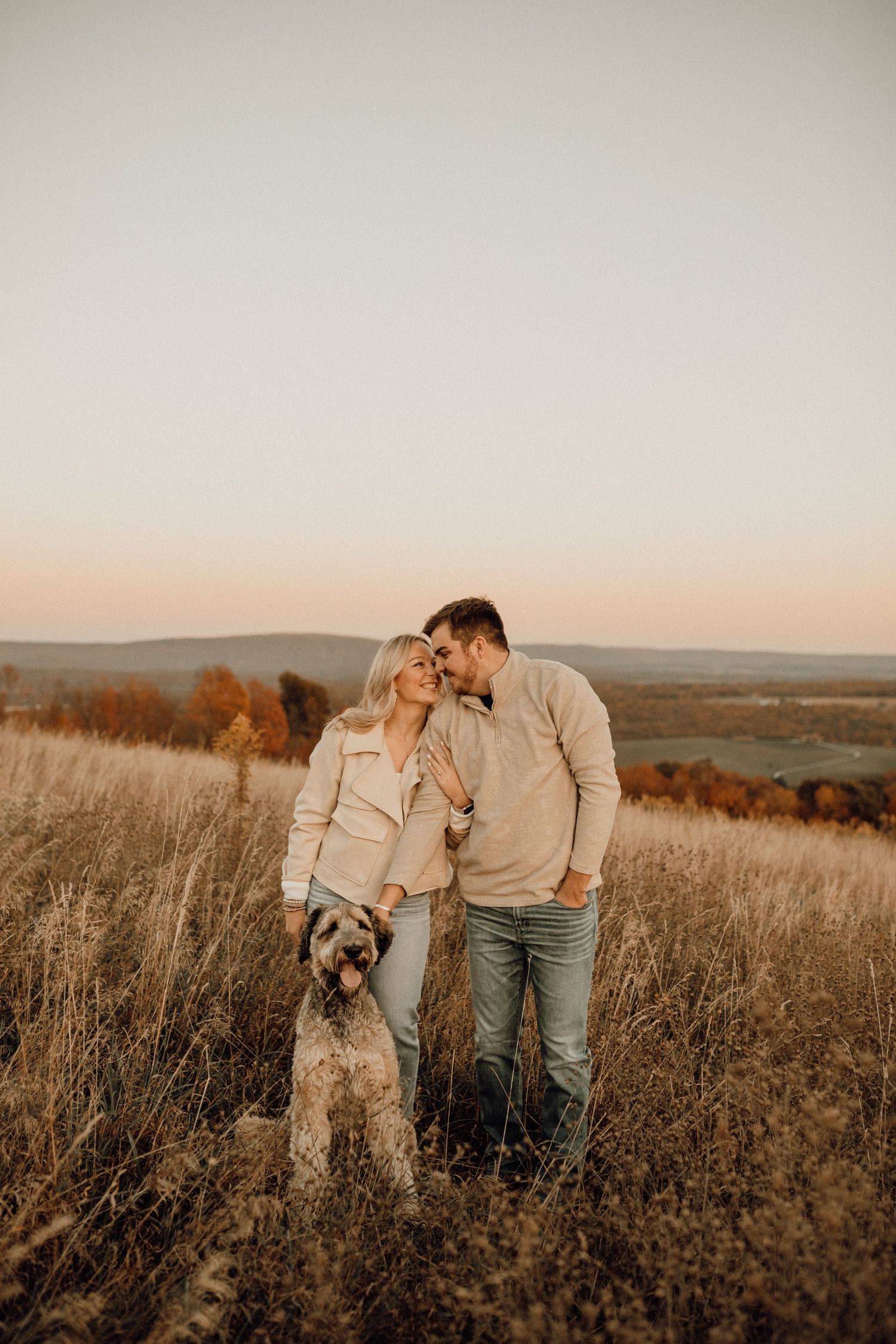 Couple in cream sweaters embracing in a grassy hilltop field with their fluffy dog standing in front at sunset.
