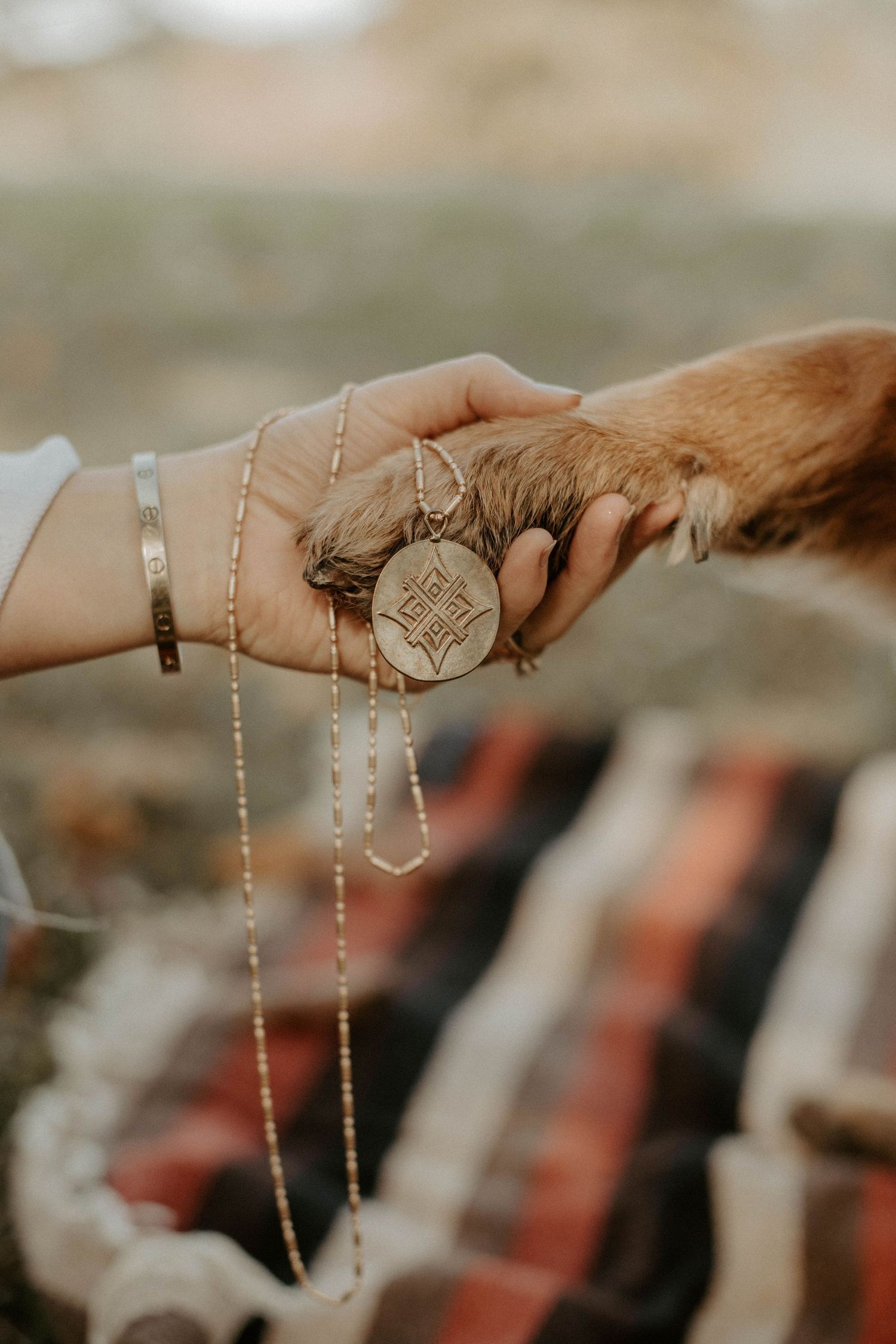 Woman's hand holding a dog's paw and a gold pendant necklace with a geometric medallion over a striped blanket.