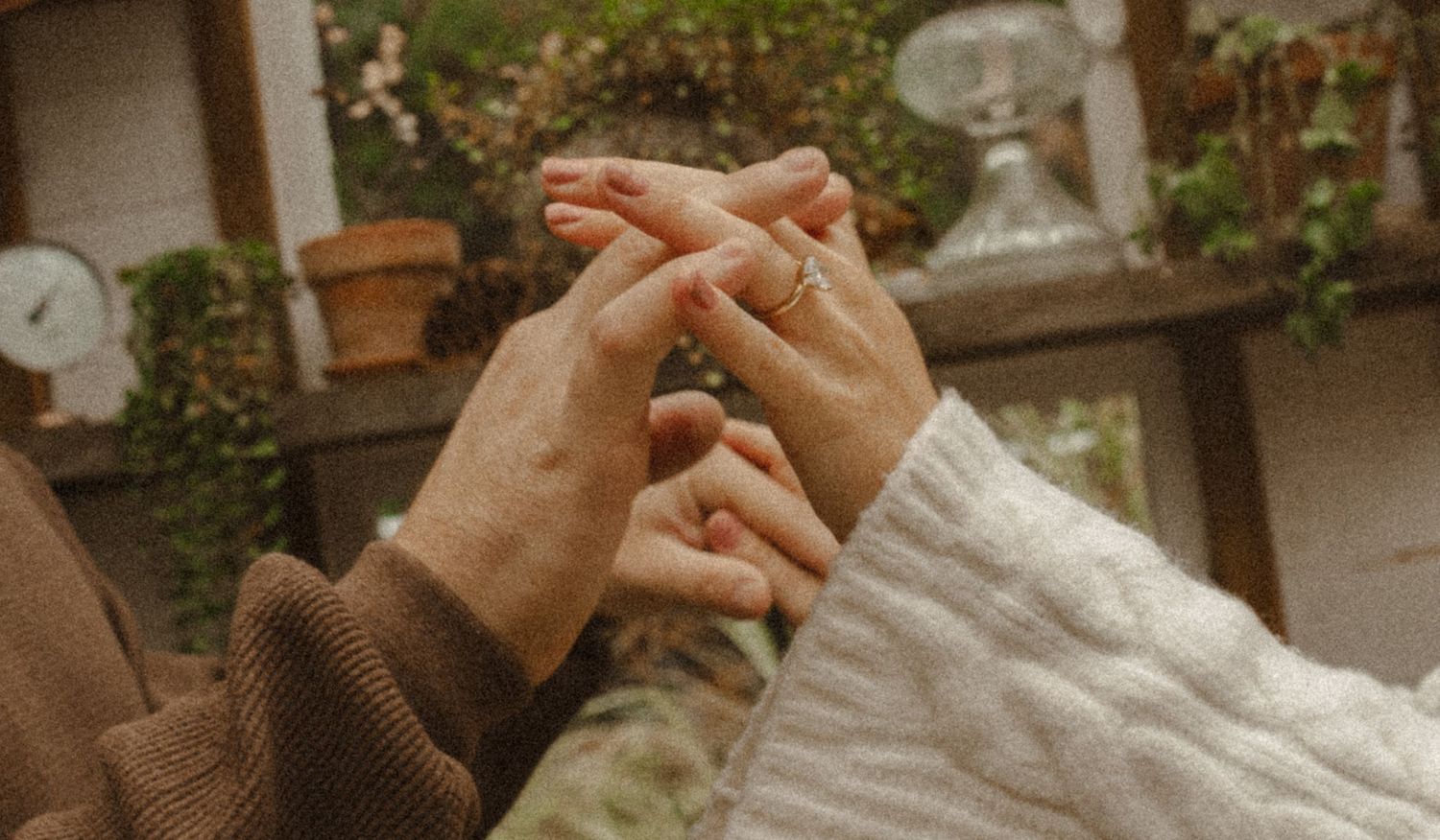 Close-up of a couple's intertwined hands, one wearing a ring, with a cozy sweater sleeve and greenhouse plants behind.