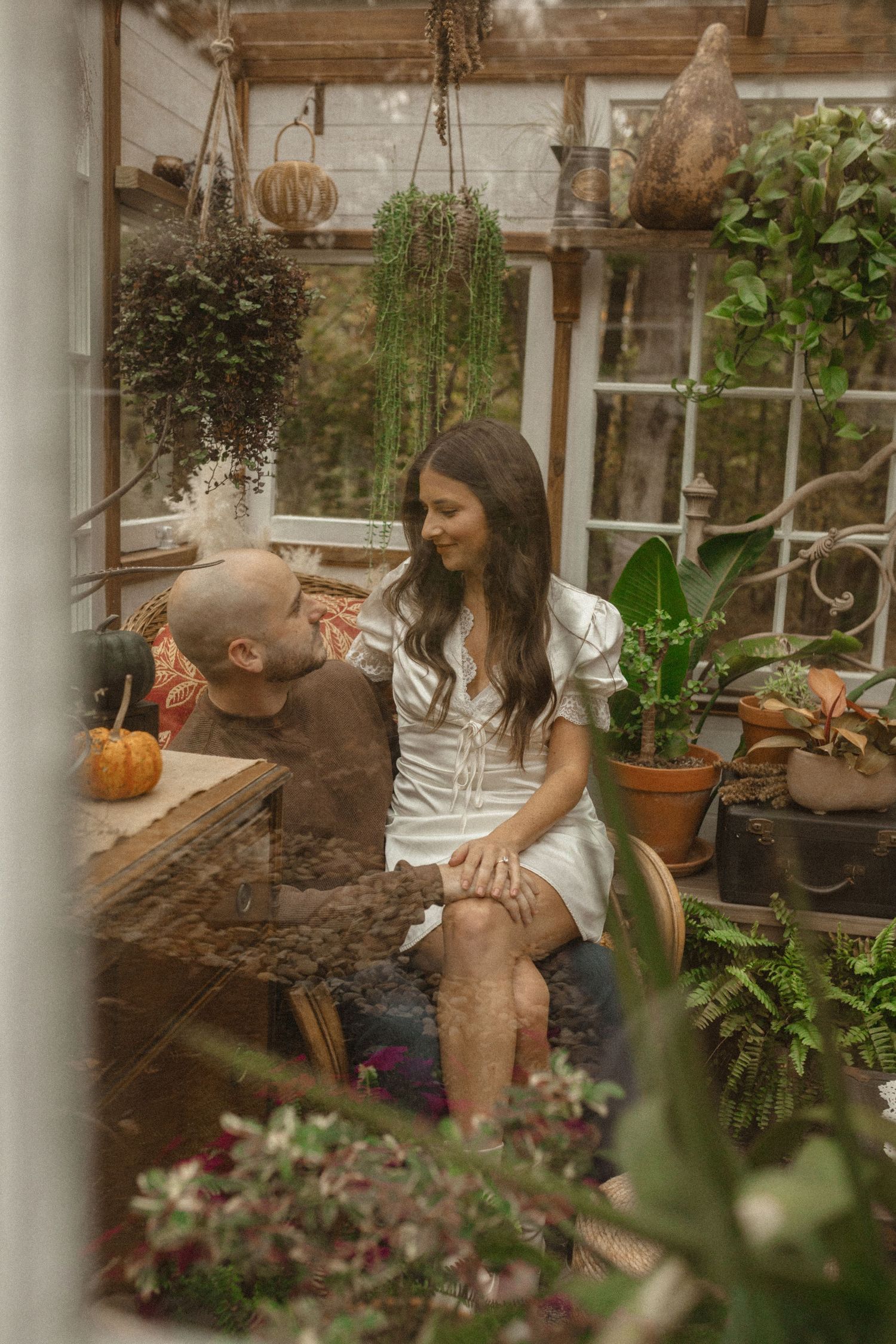Couple sits close together surrounded by hanging plants and pumpkins inside a cozy greenhouse during an autumn engagement session.