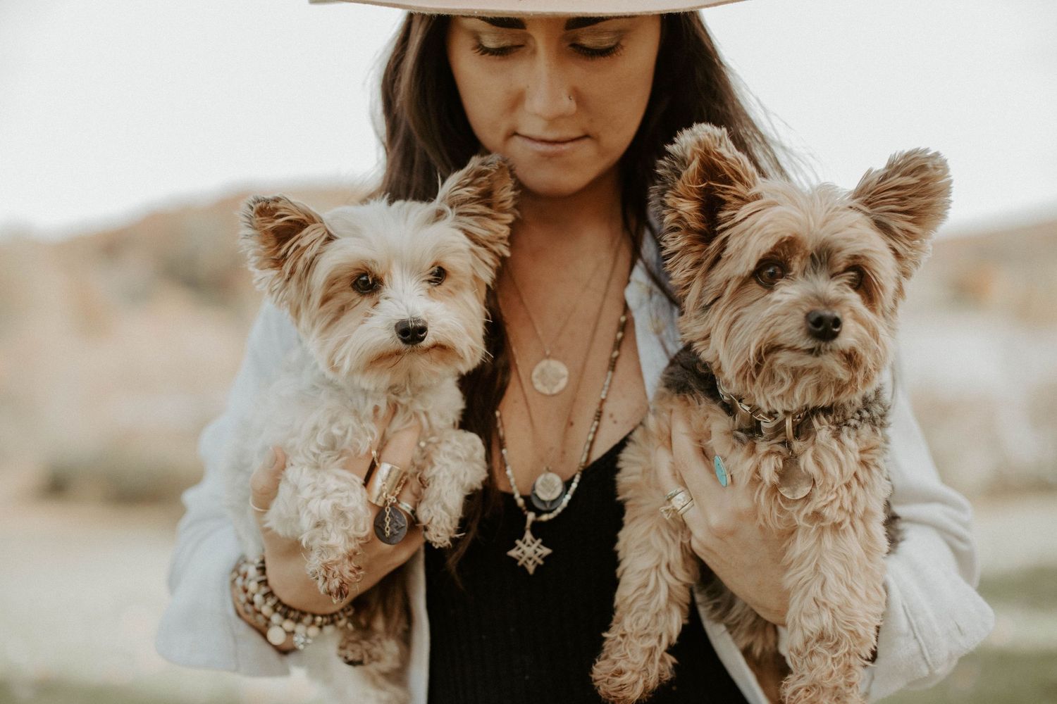 Woman in a white jacket and boho necklaces cradling two small Yorkshire terriers against a soft desert backdrop.