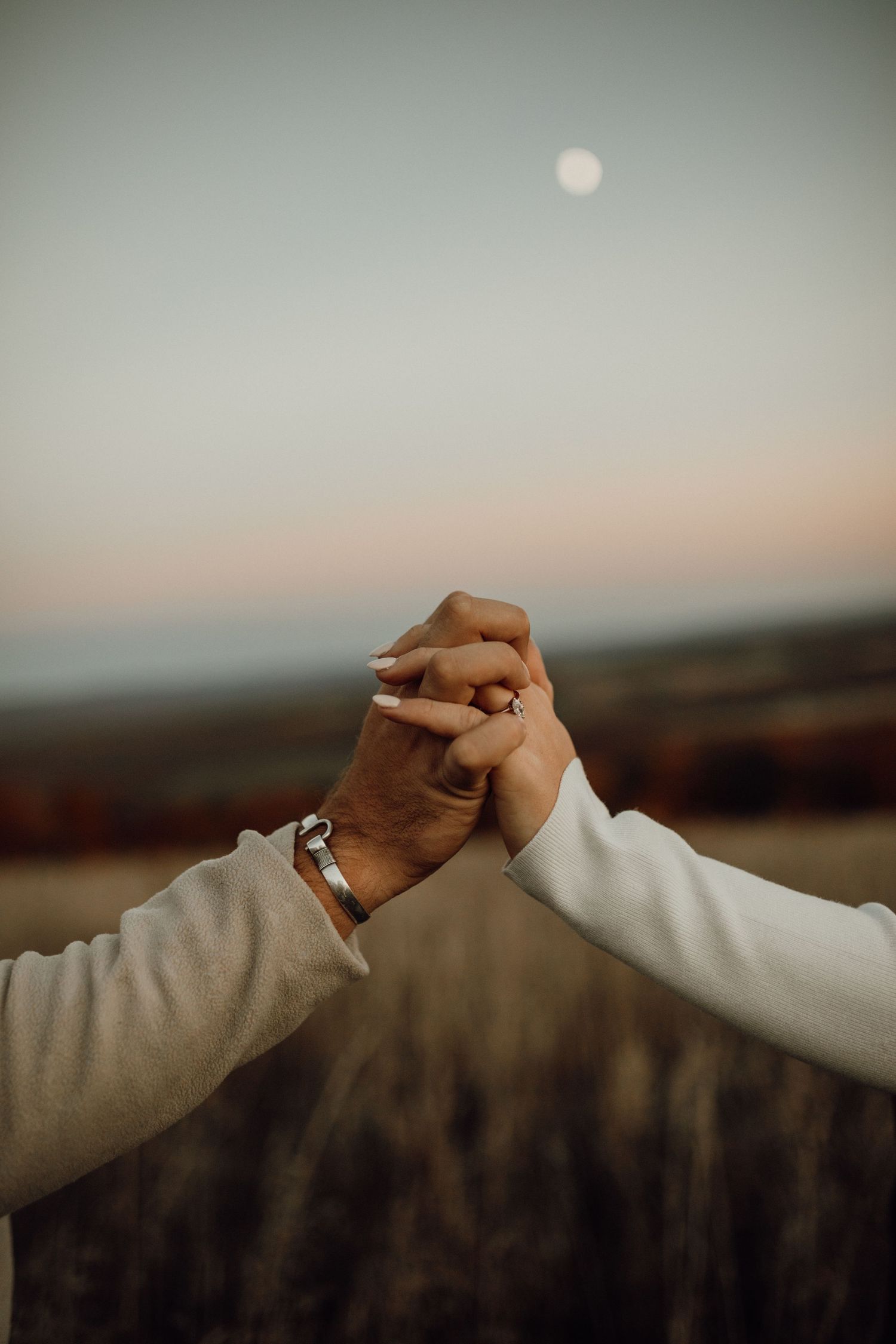 Two people clasp hands in a tall grass field at dusk, with a pale moon glowing in the soft pink and gray sky.