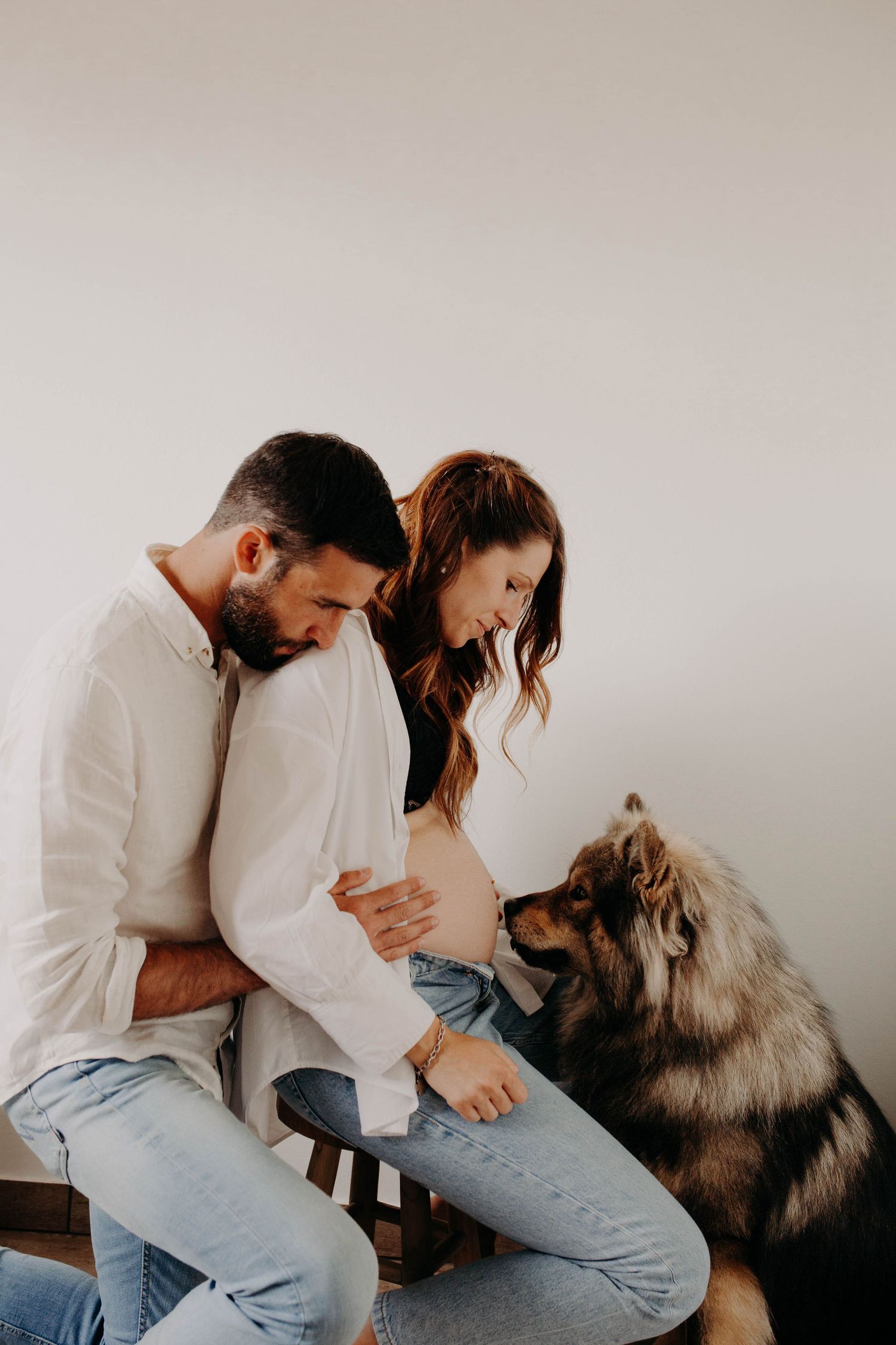 parents et leur chien, le chien lèche le ventre de la femme enceinte