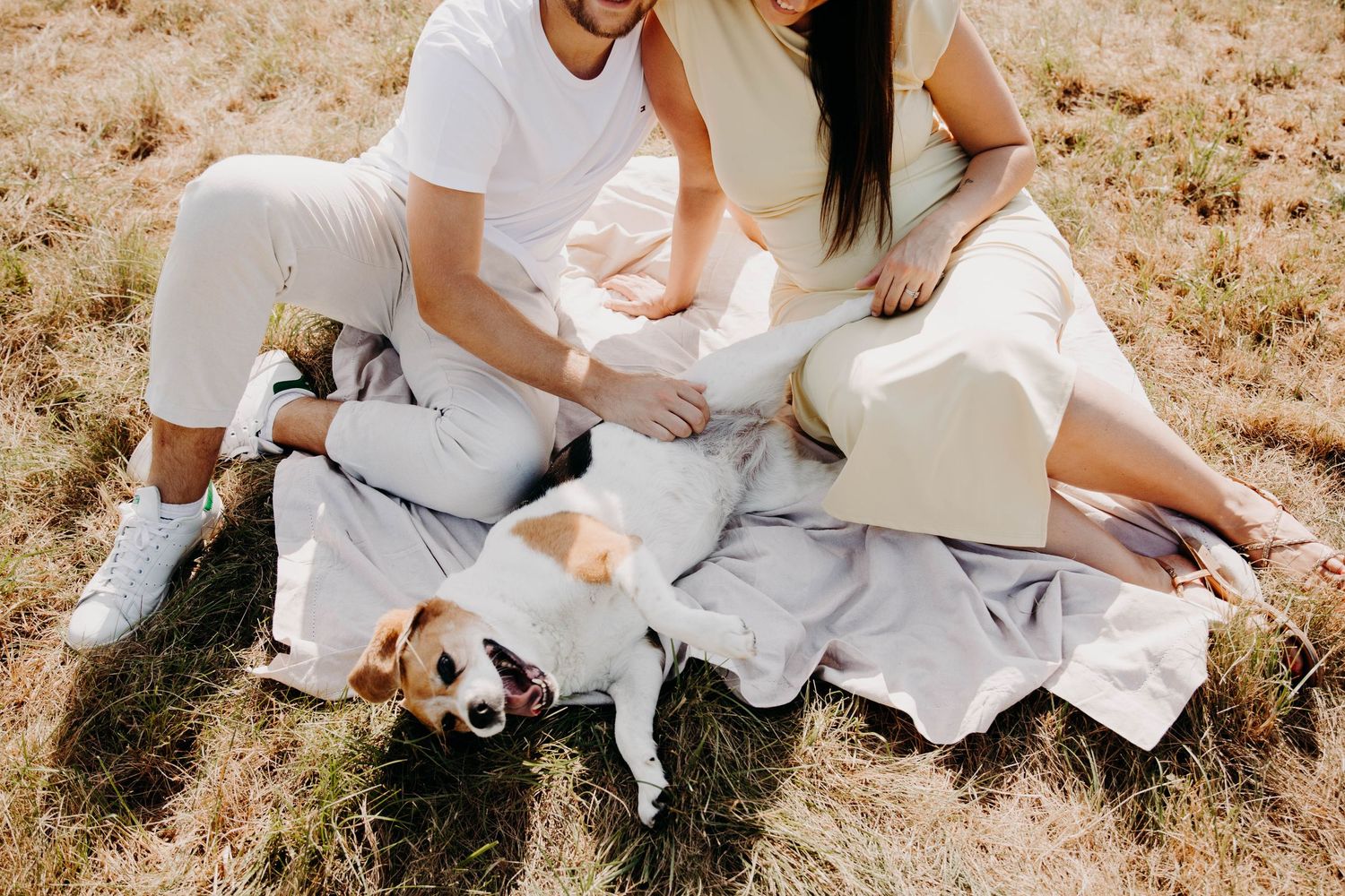 couple dont femme enceinte assis au sol jouant avec chien