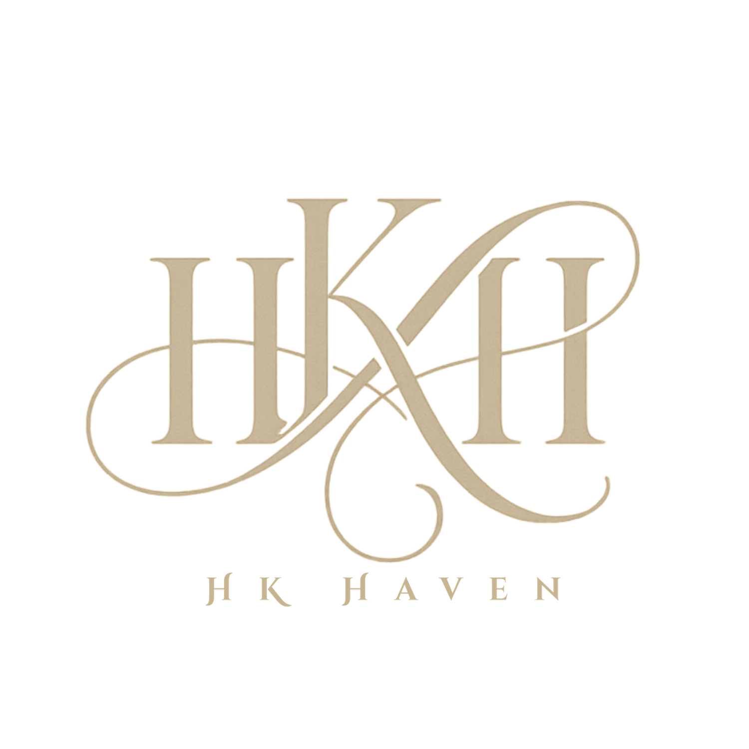 Luxury HK Haven brand monogram logo with ornate gold lettering and decorative swirl accents.