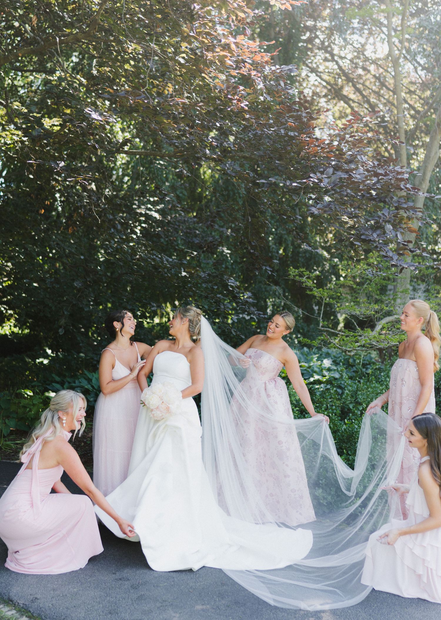Bride in white gown with long veil surrounded by bridesmaids in blush pink dresses in a lush garden setting.