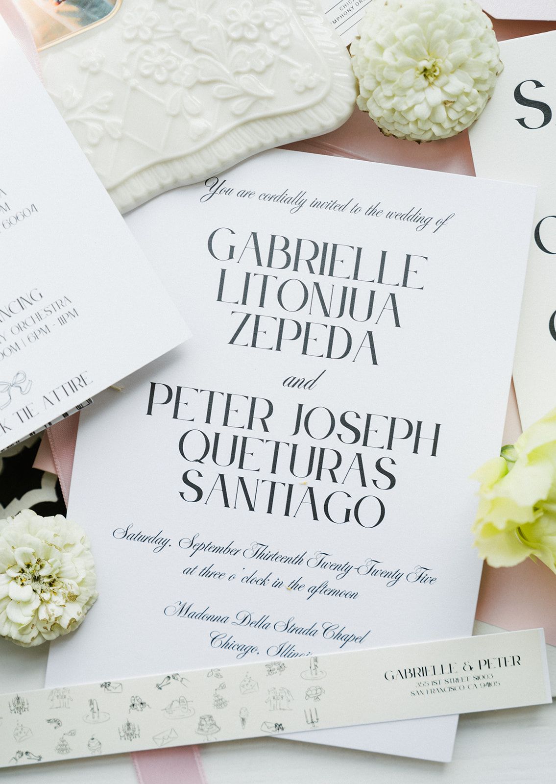 Elegant wedding invitation for Gabrielle Litonjua Zepeda and Peter Joseph Queturas Santiago in Chicago.