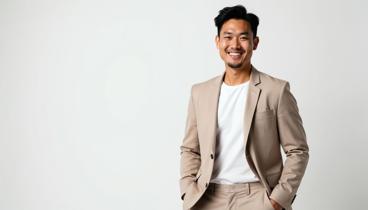 A smiling professional posing in a beige suit for a studio headshot, captured by a professional portrait photographer.
