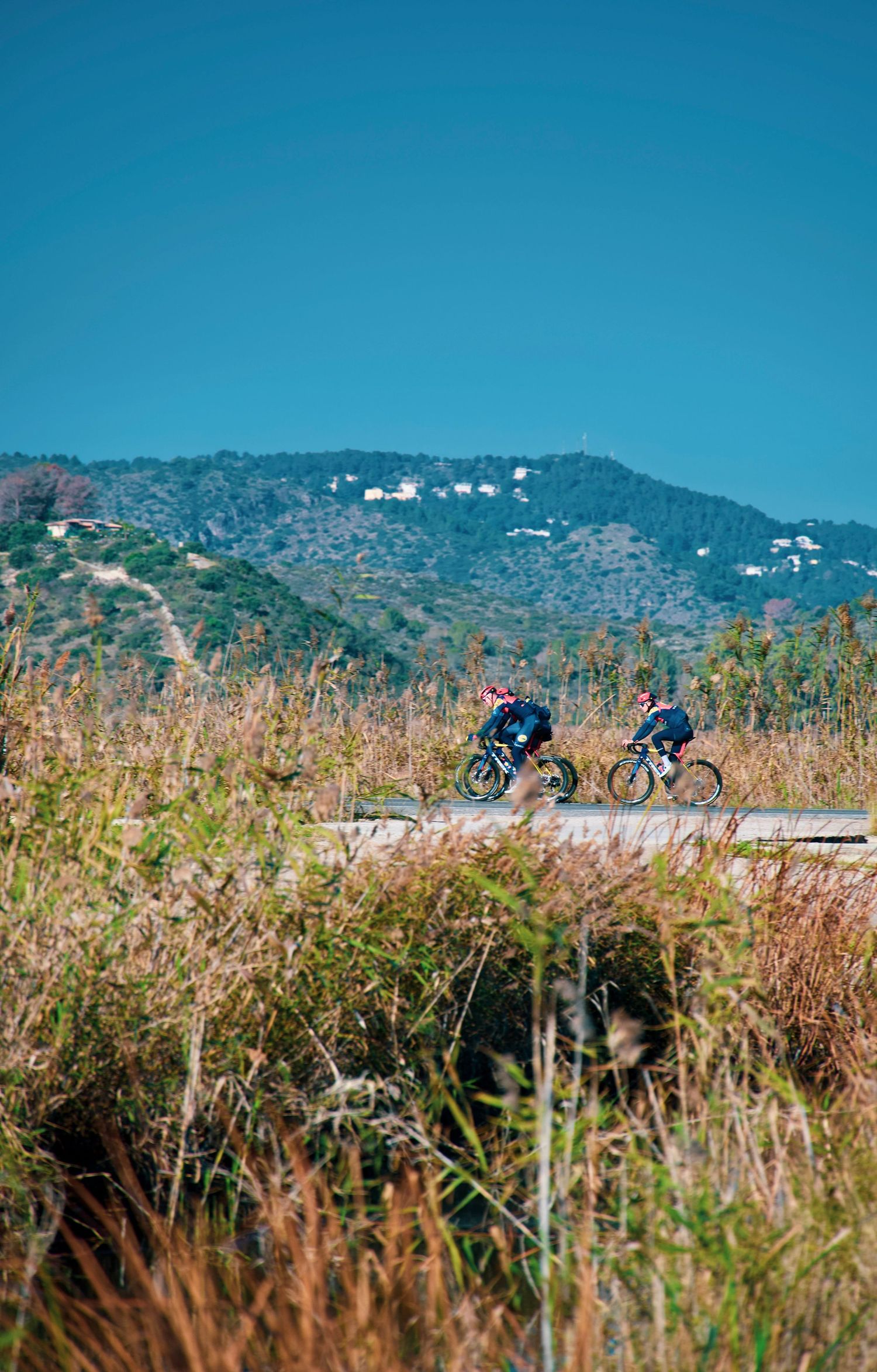 Team Lidl Trek on a training ride near Pego, Spain, captured in action against a blue sky background and marshland in the foreground