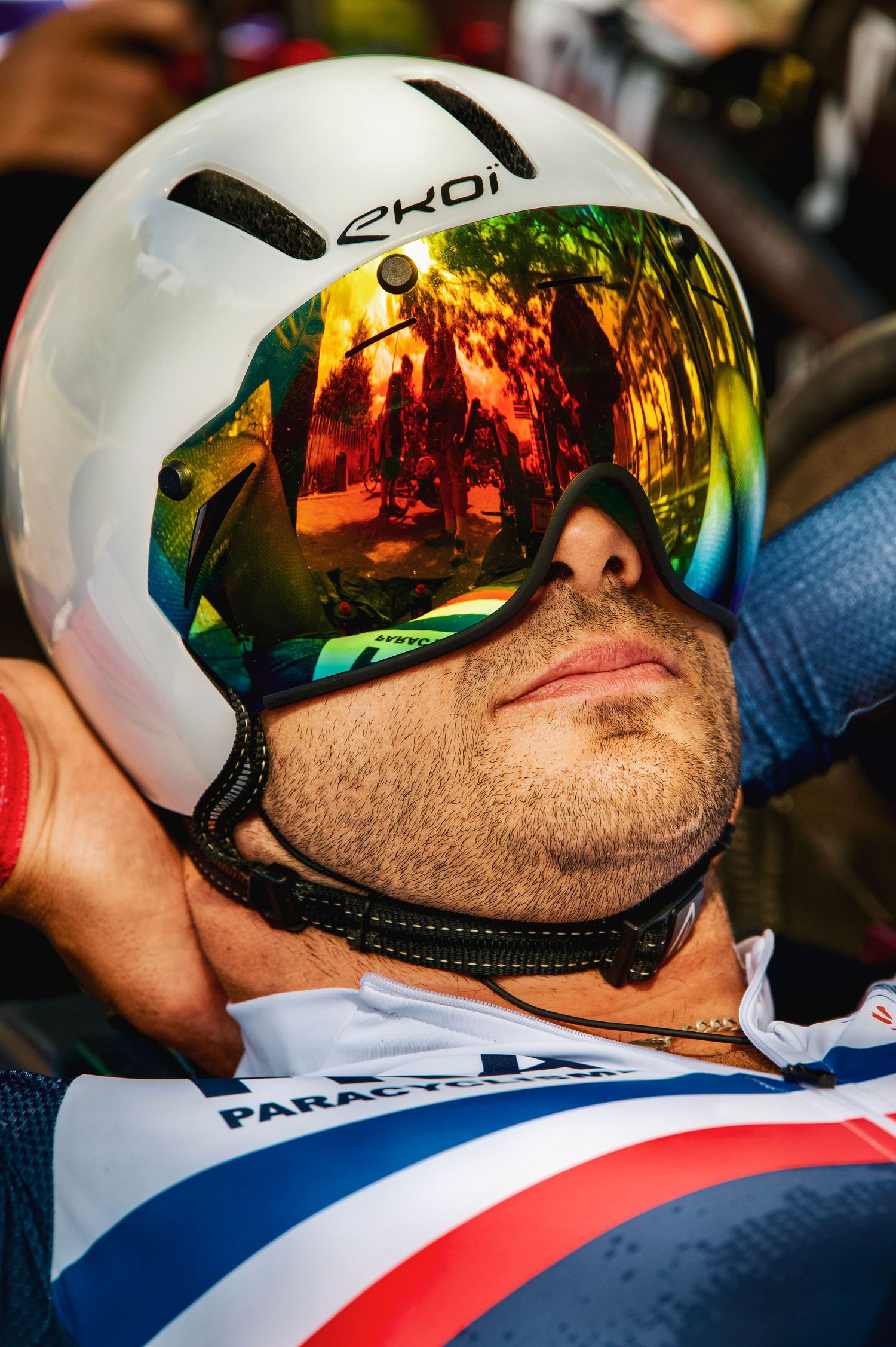 Closeup of Mathieu Bosredon, French Paracycling team, before the 2025 UCI World Paracycling H3 Time Trial in Ronse, Belgium.