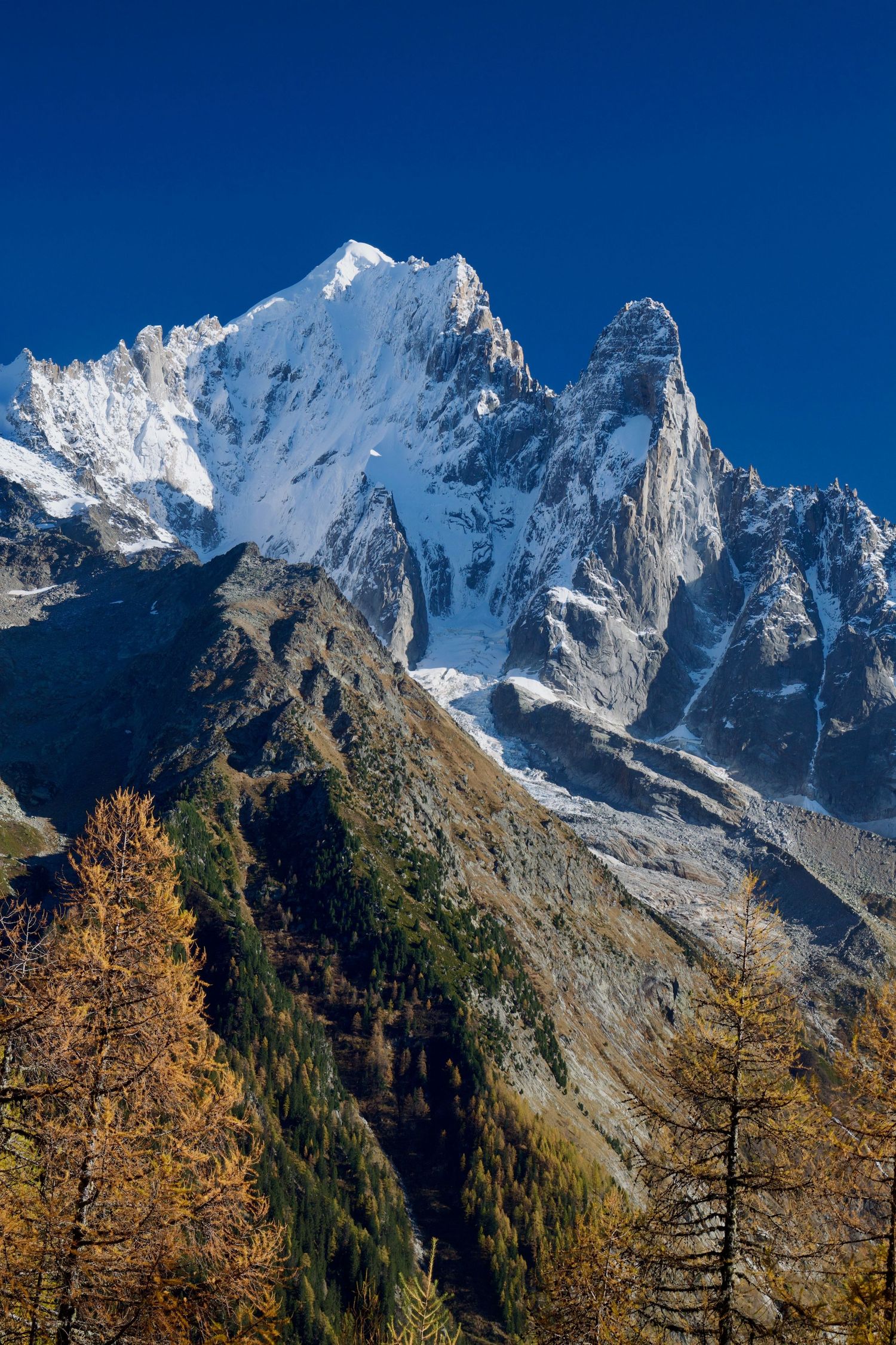 Autumn landscape in Chamonix featuring the Aiguille du Dru and the snow-covered slopes of Aiguille Verte in the Mont Blanc Massif