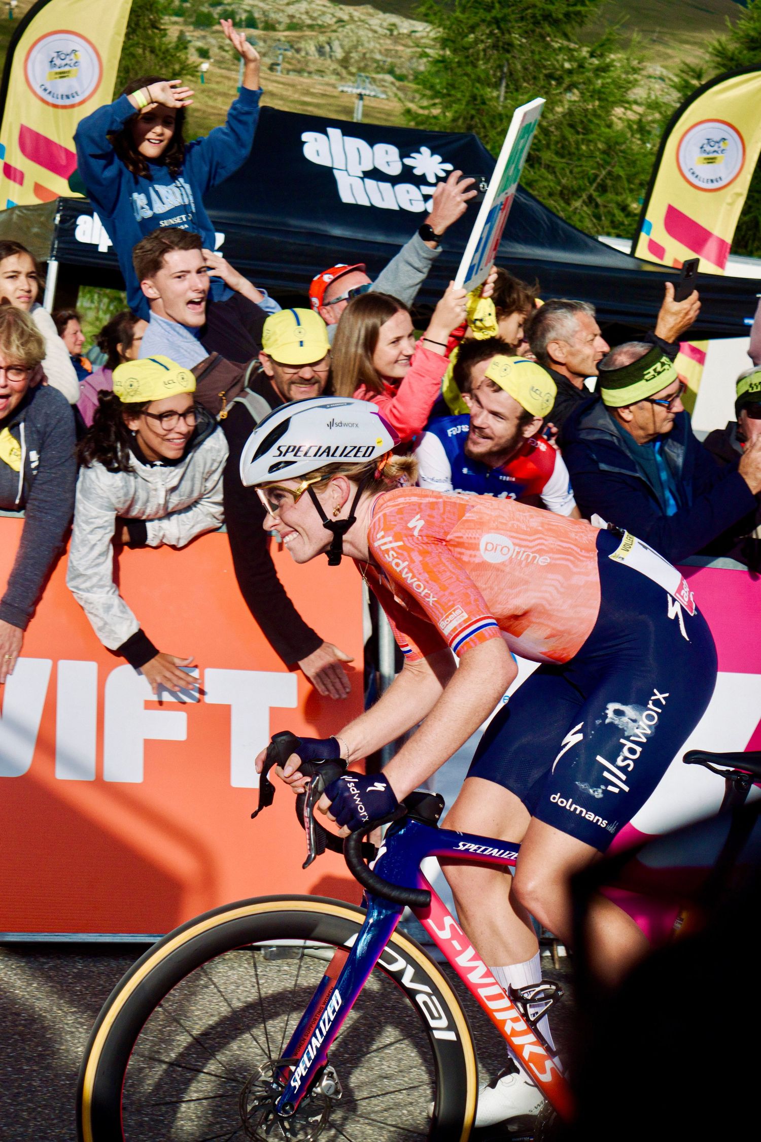 Demi Vollering, SD Works, at the finishing straight of the 2024 Tour de France Femmes Alpe d'Huez stage, as she wins the stage.