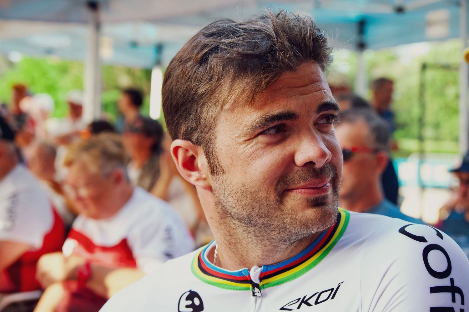 Mathieu Bosredon of Team Cofidis wearing his world champion jersey after winning the 2025 H3 Road Race at Mejannes-le clap.