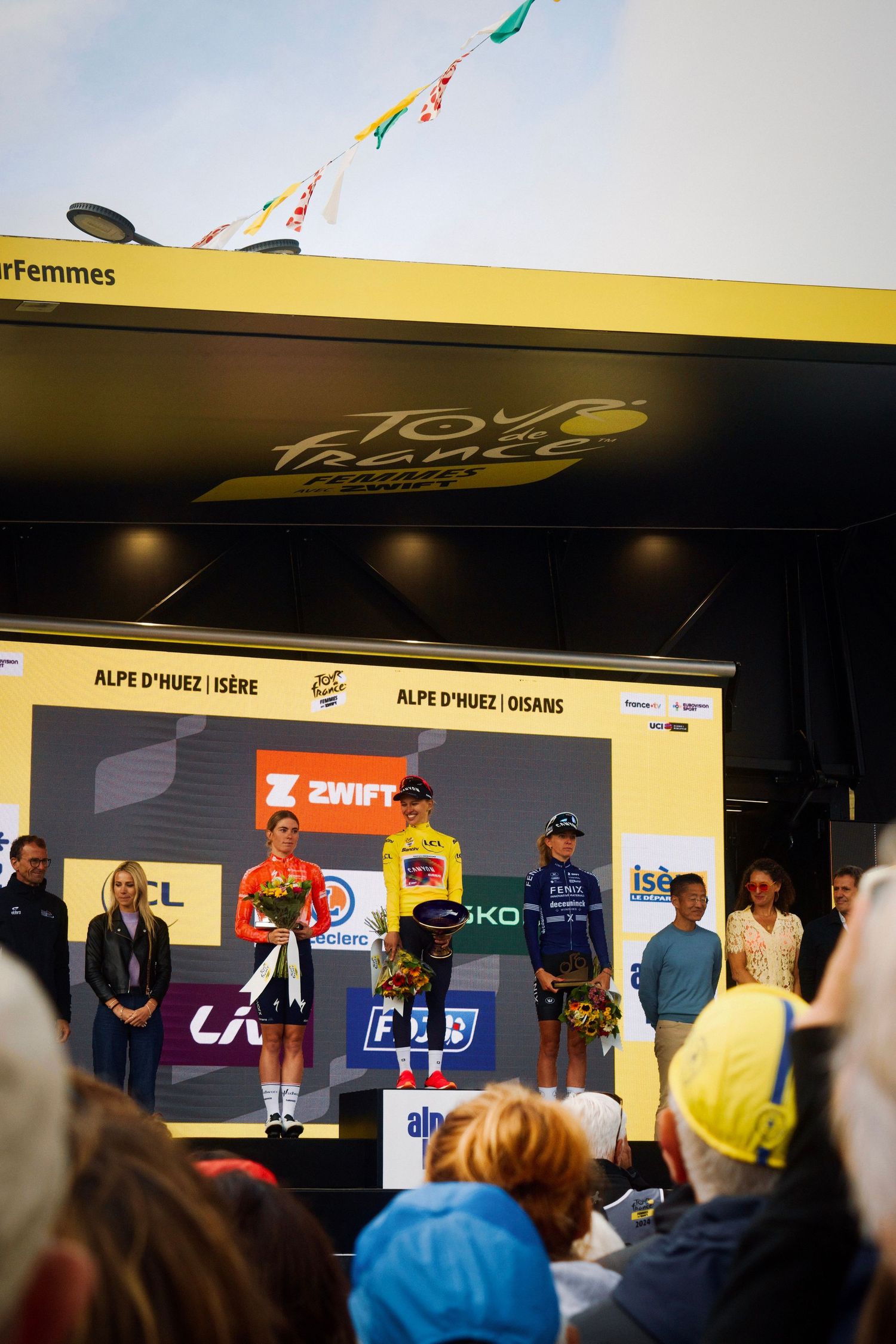 Podium of the 2024 Tour de France Femmes by Zwift at the Alpe d'Huez with Kasia Niewiadoma, Demi Vollering, Pauliena Rooijakkers