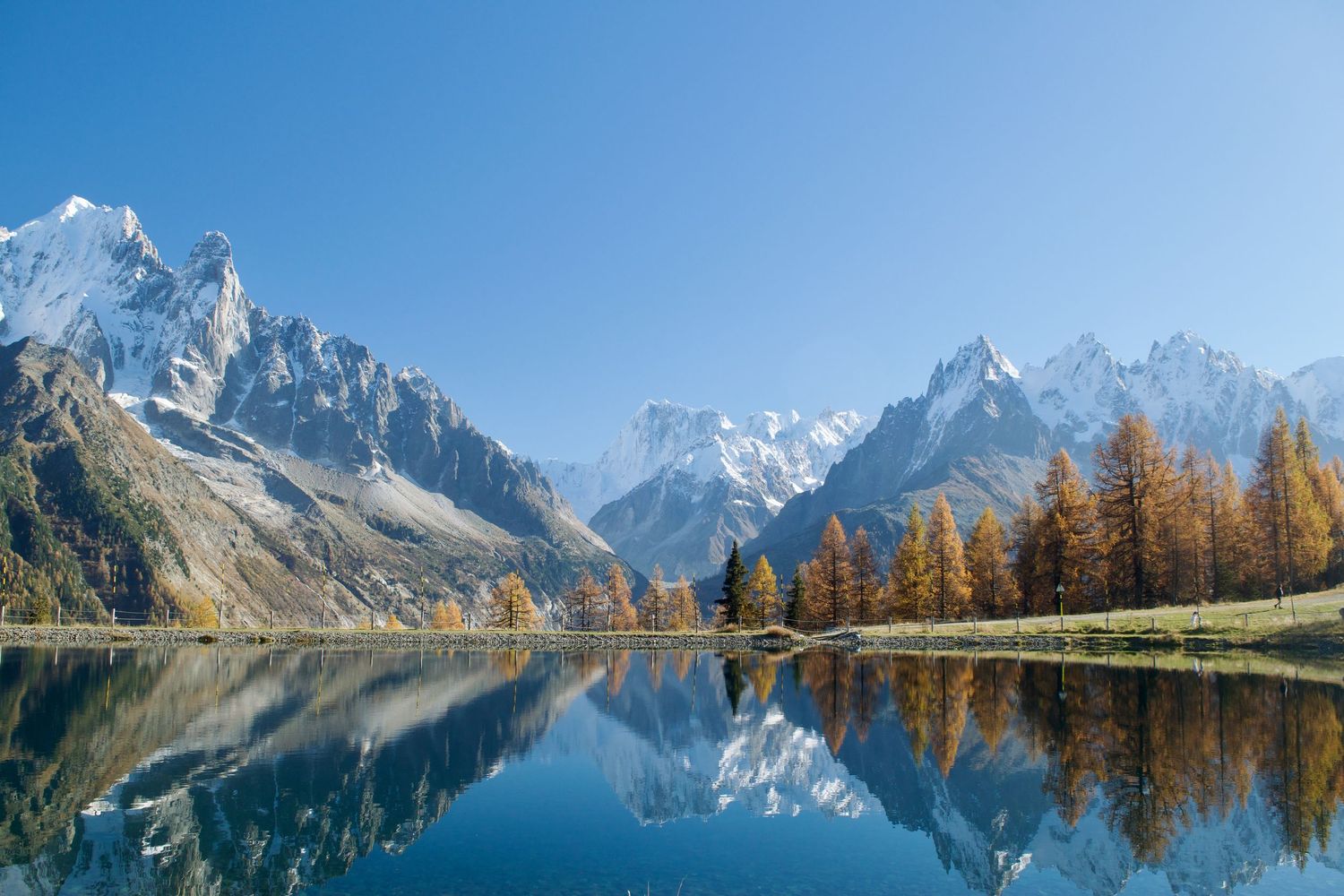 A reflection of the Aiguilles in the Mont Blanc massif taken from the north side of the valley looking across, with autumn colours reflected