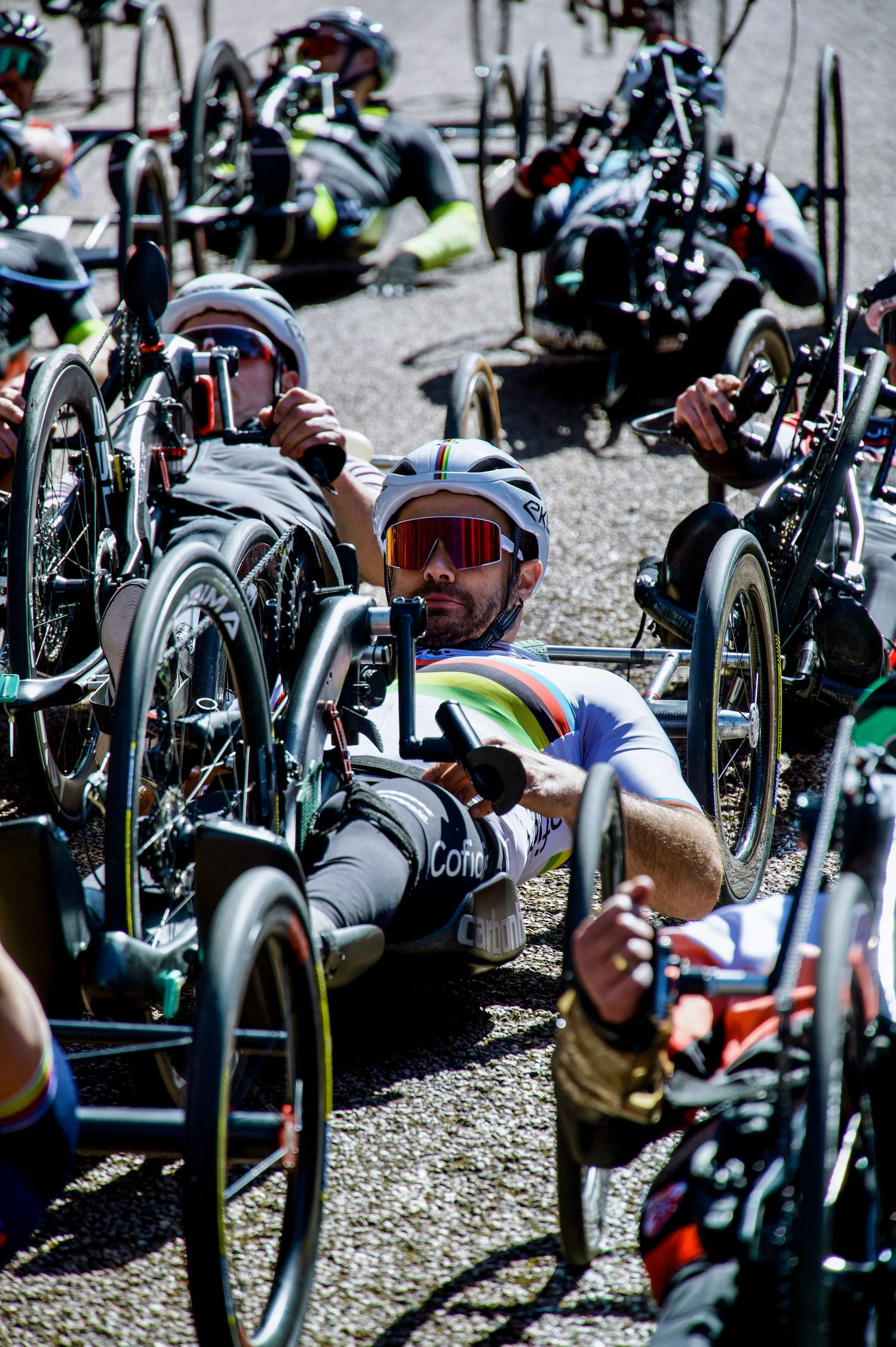Mathieu Bosredon of Team Cofidis at the start line for the Handbike Road Race at Paris Longchamp, April 2025.