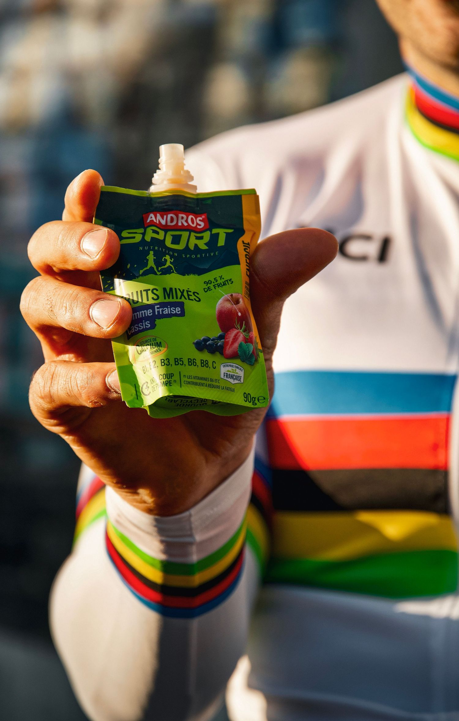 Mathieu Bosredon, paracycling world champion, product placement photo of an Andros Sports energy gel.
