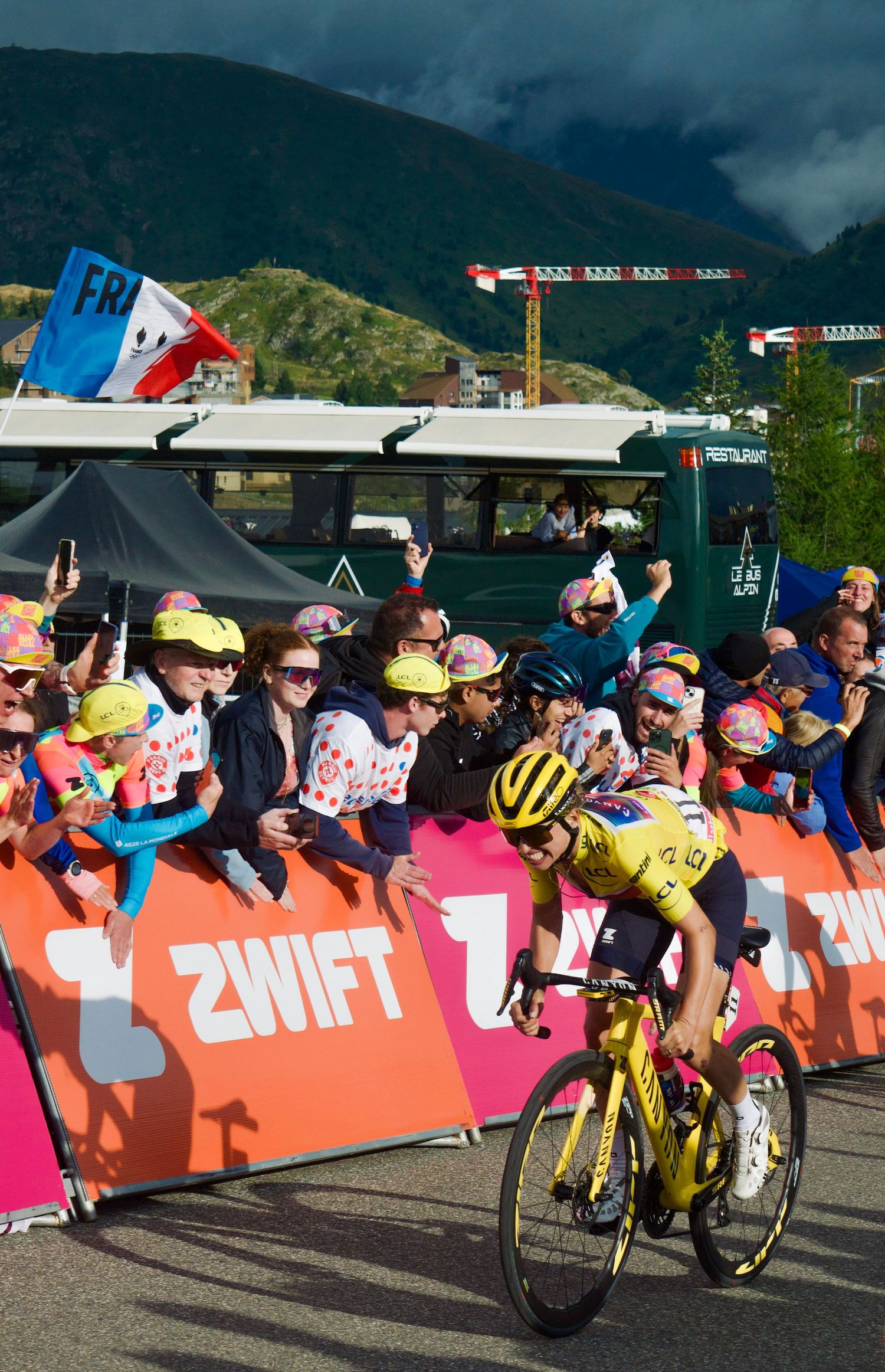 Kasia Niewiadoma in the Yellow leaders jersey in the final stage of the 2024 Tour de France Femmes Alpe d'Huez stage as she wins the race