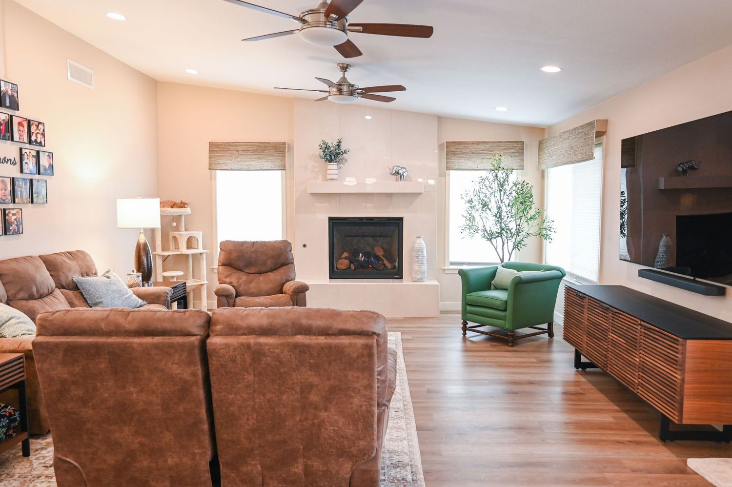 Enjoy a cozy living room, bathed in warm golden browns.  There is a beautiful gas fireplace for romantic evenings.