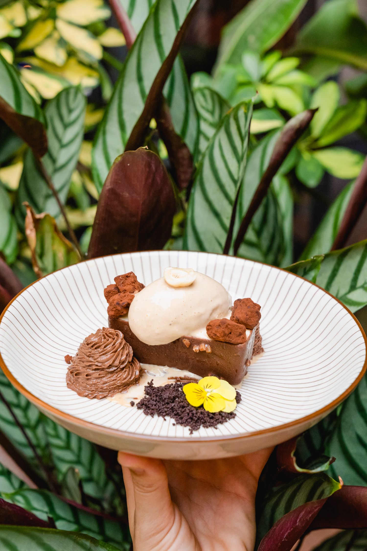 Dessert photographed in a Málaga restaurant, with soft light and a refined, minimal presentation.