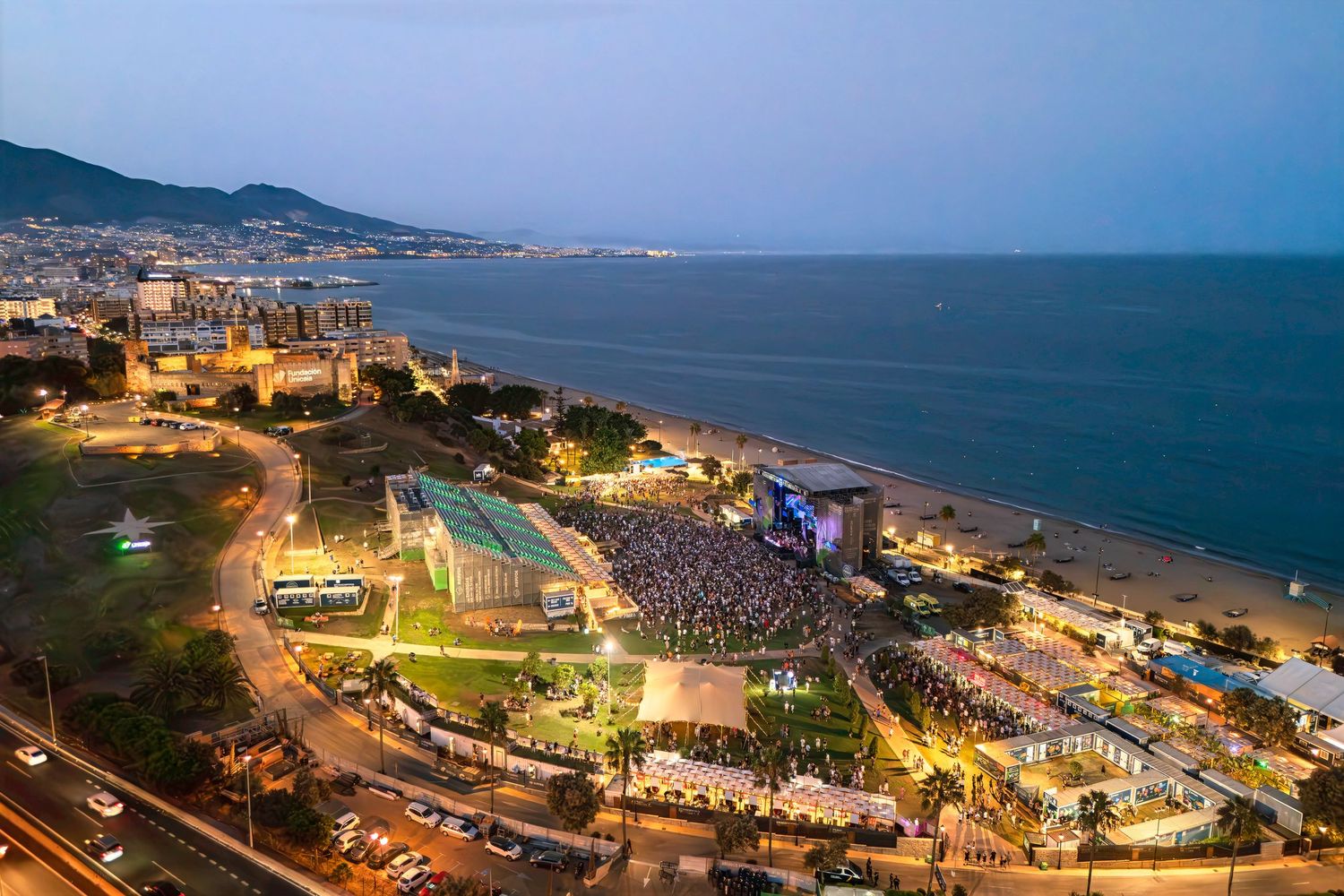 Aerial view of Mare Nostrum Festival in Fuengirola, Málaga at night
