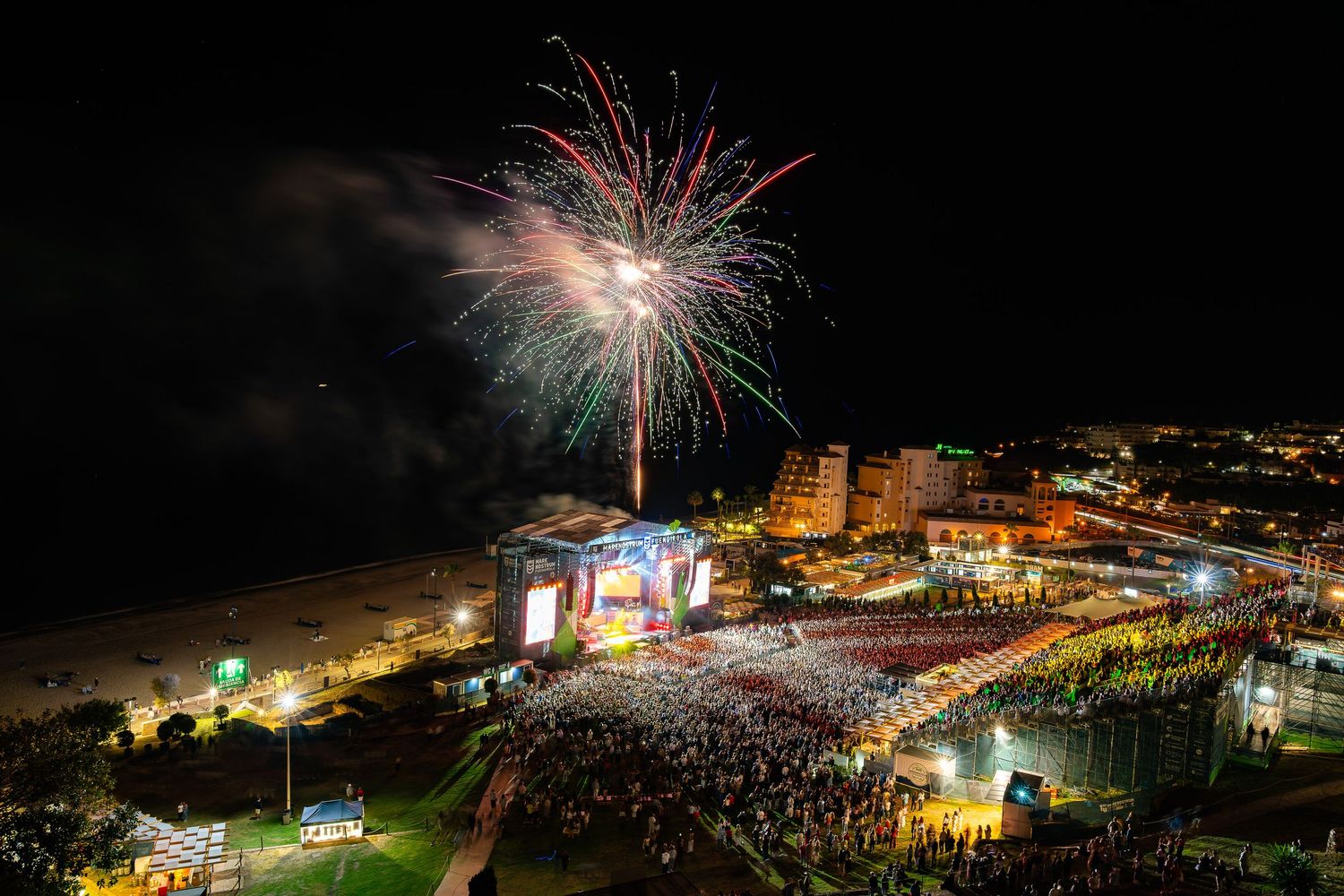 Aerial view of Mare Nostrum Festival in Fuengirola, Málaga at night