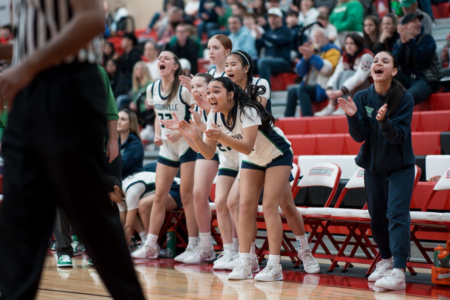 Basketball players and spectators react emotionally from the sidelines during an intense game moment.