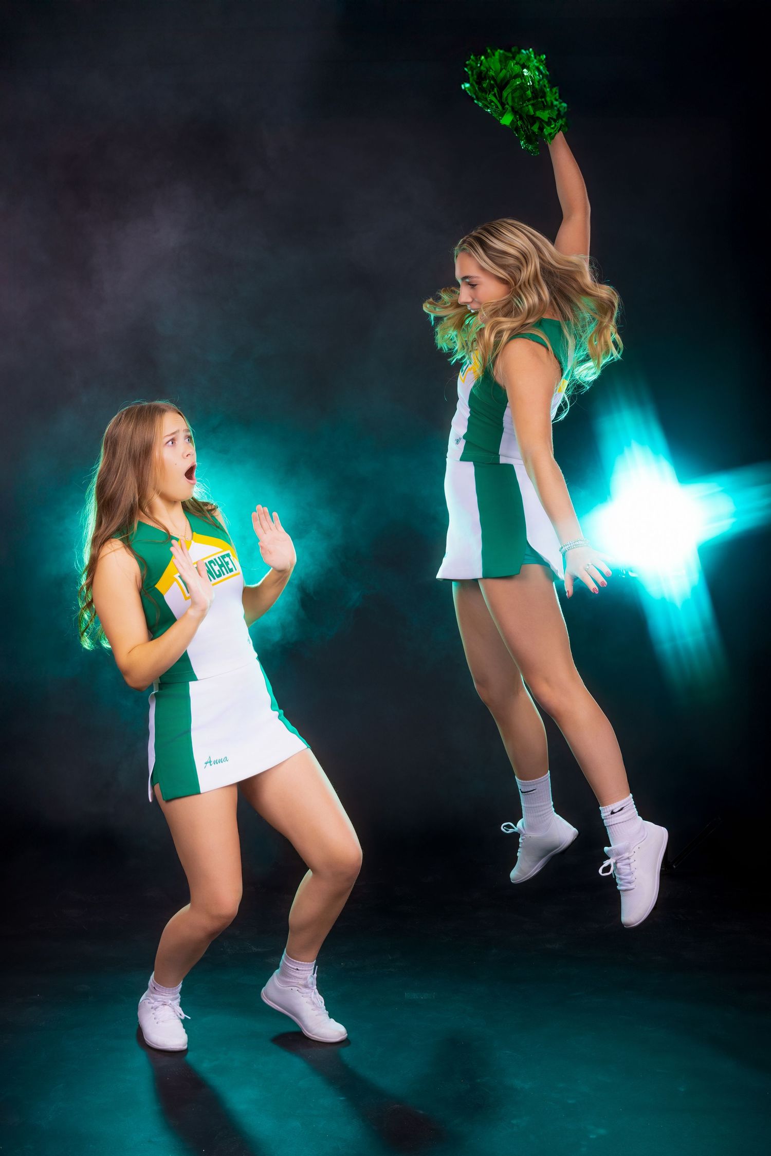 A sequence of dance moves in green and white athletic wear captured against a dark background with teal lighting effects.