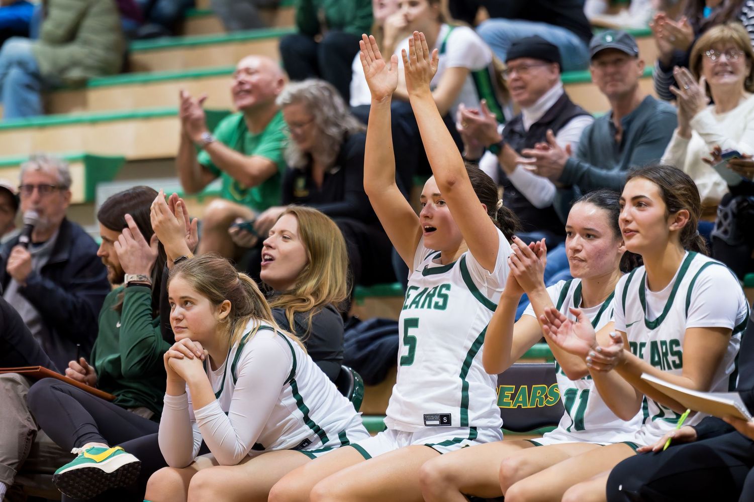 Basketball fans cheer and celebrate from the stands during an exciting game moment.
