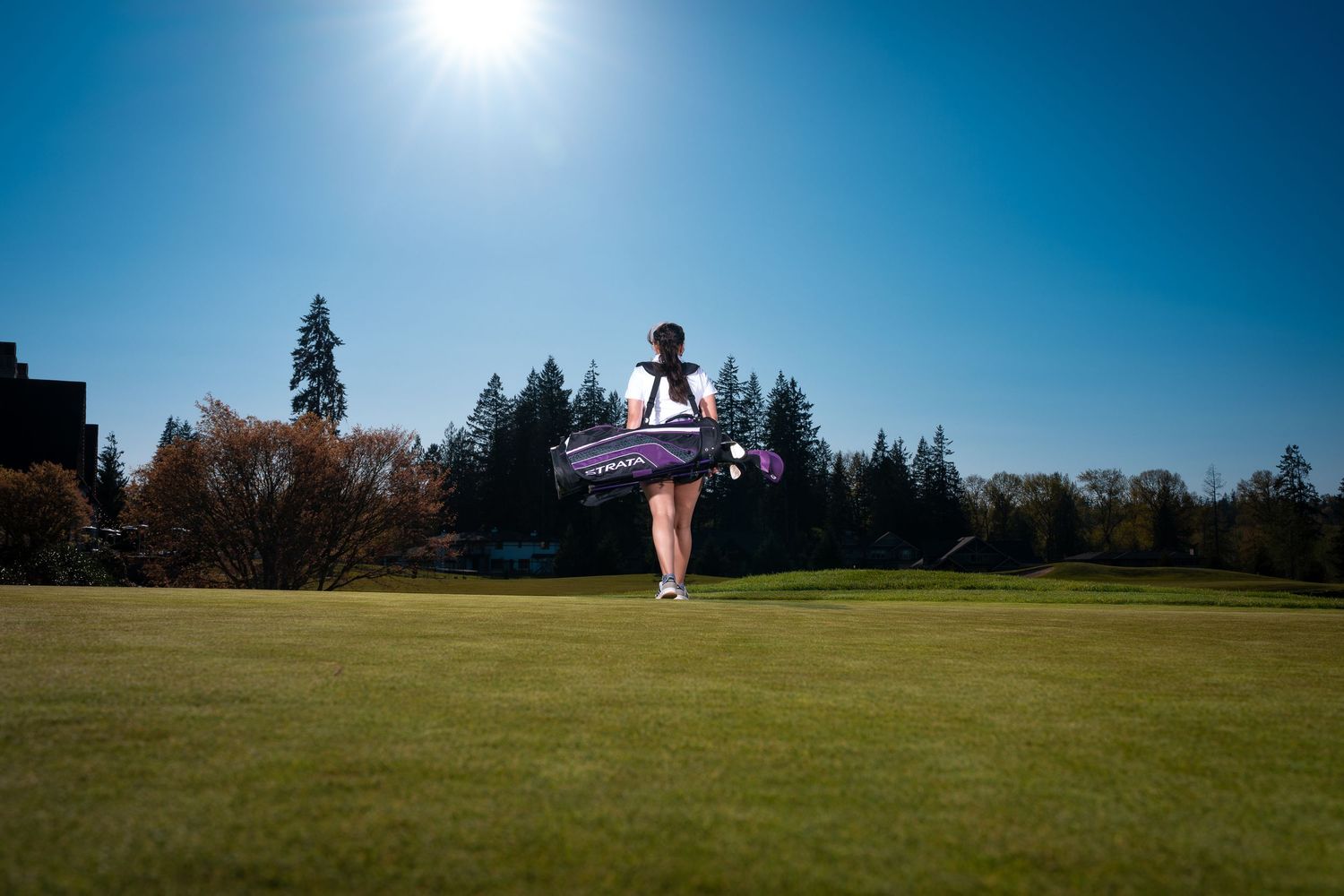 Panoramic view of sunny golf course with blue sky and trees in background.