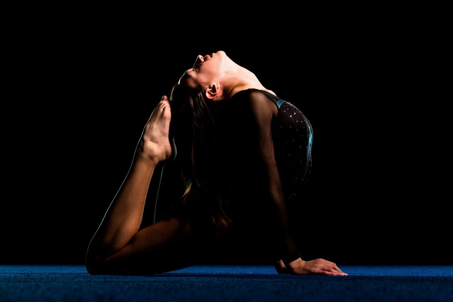 A silhouetted dancer in a black outfit performs a graceful pose against a dark background with blue lighting.