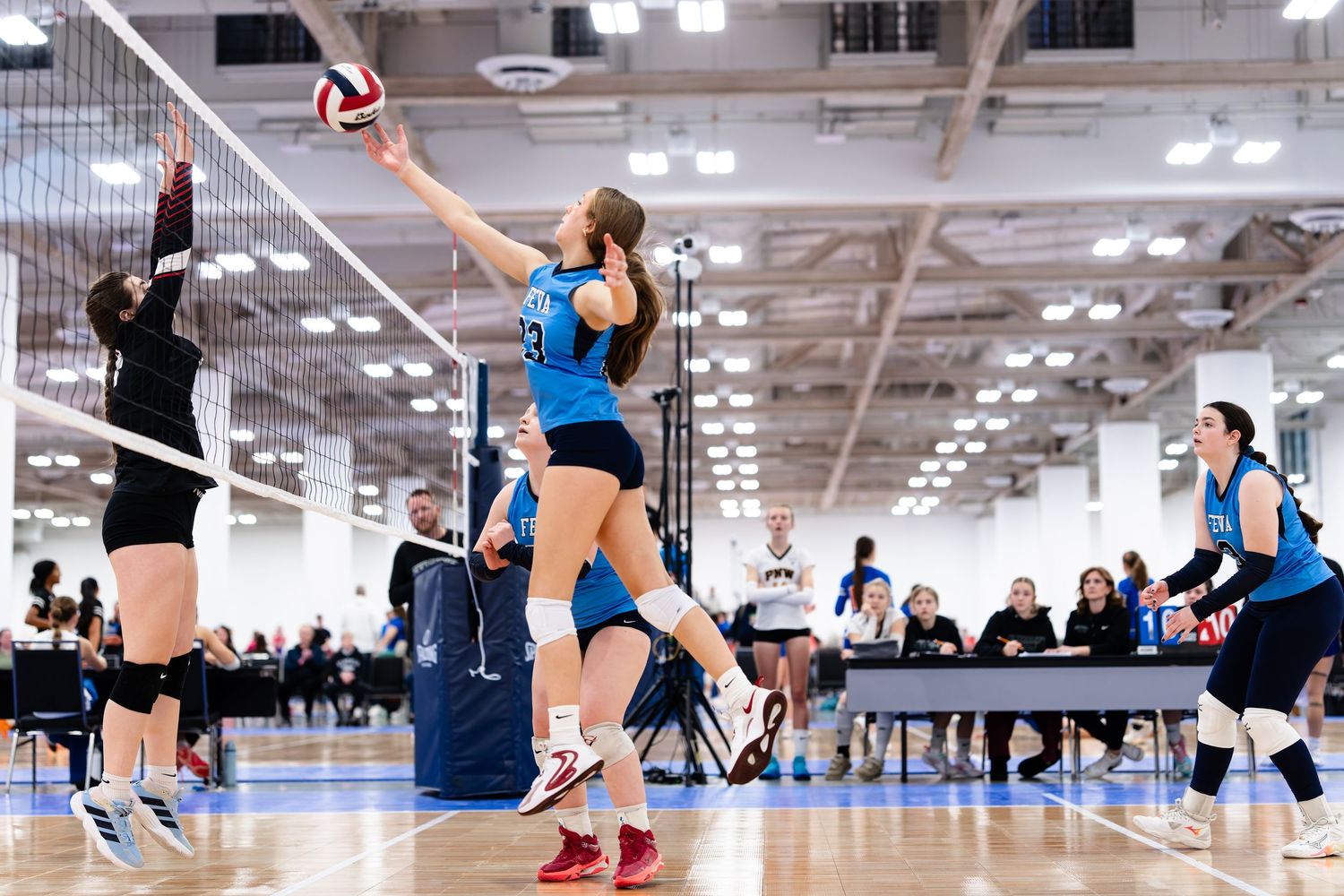 Athletes dive and stretch across a volleyball court during an intense indoor volleyball match.