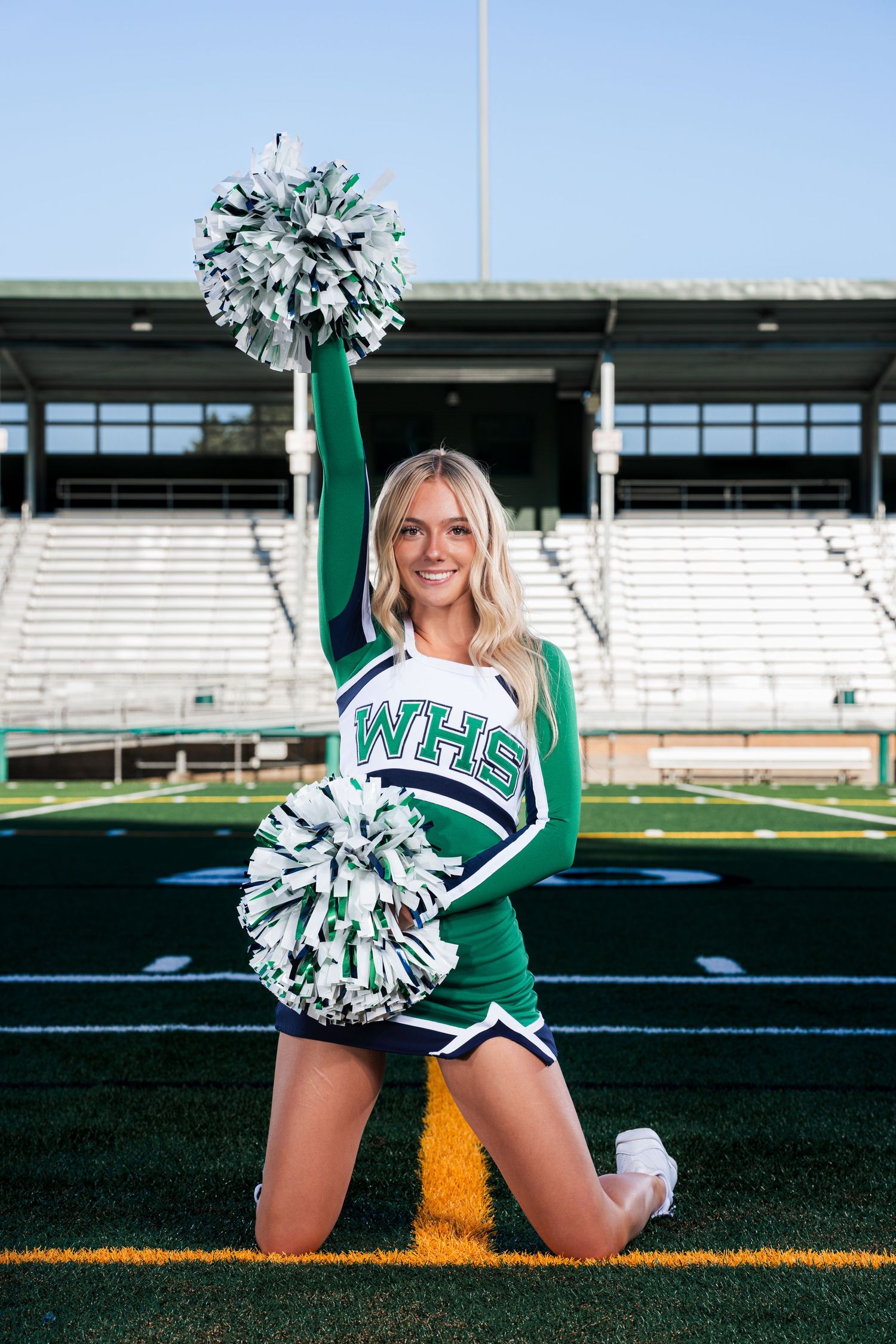 A cheerleader in green and white uniform poses on a sports field with pom poms in a series of dynamic shots.