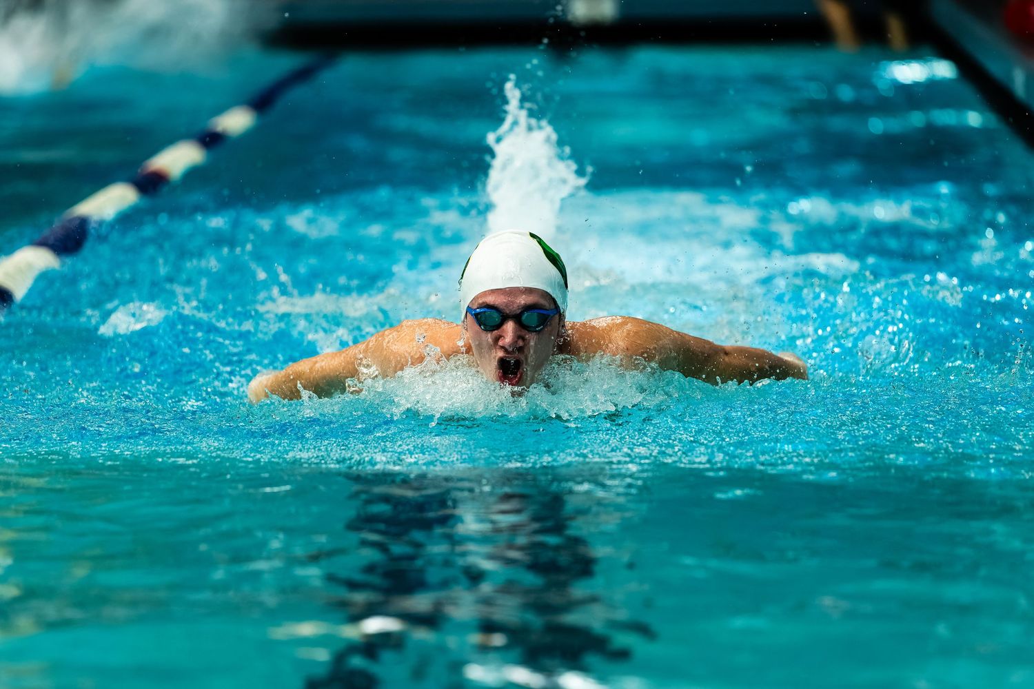 Competitive swimmers racing freestyle in bright blue pool water during a swimming competition.
