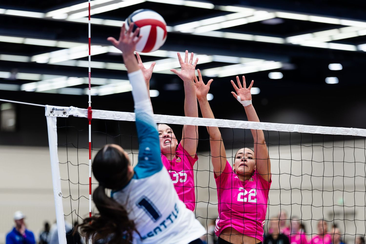 Indoor volleyball players leap at the net during an intense match with pink and blue uniforms competing for the ball.