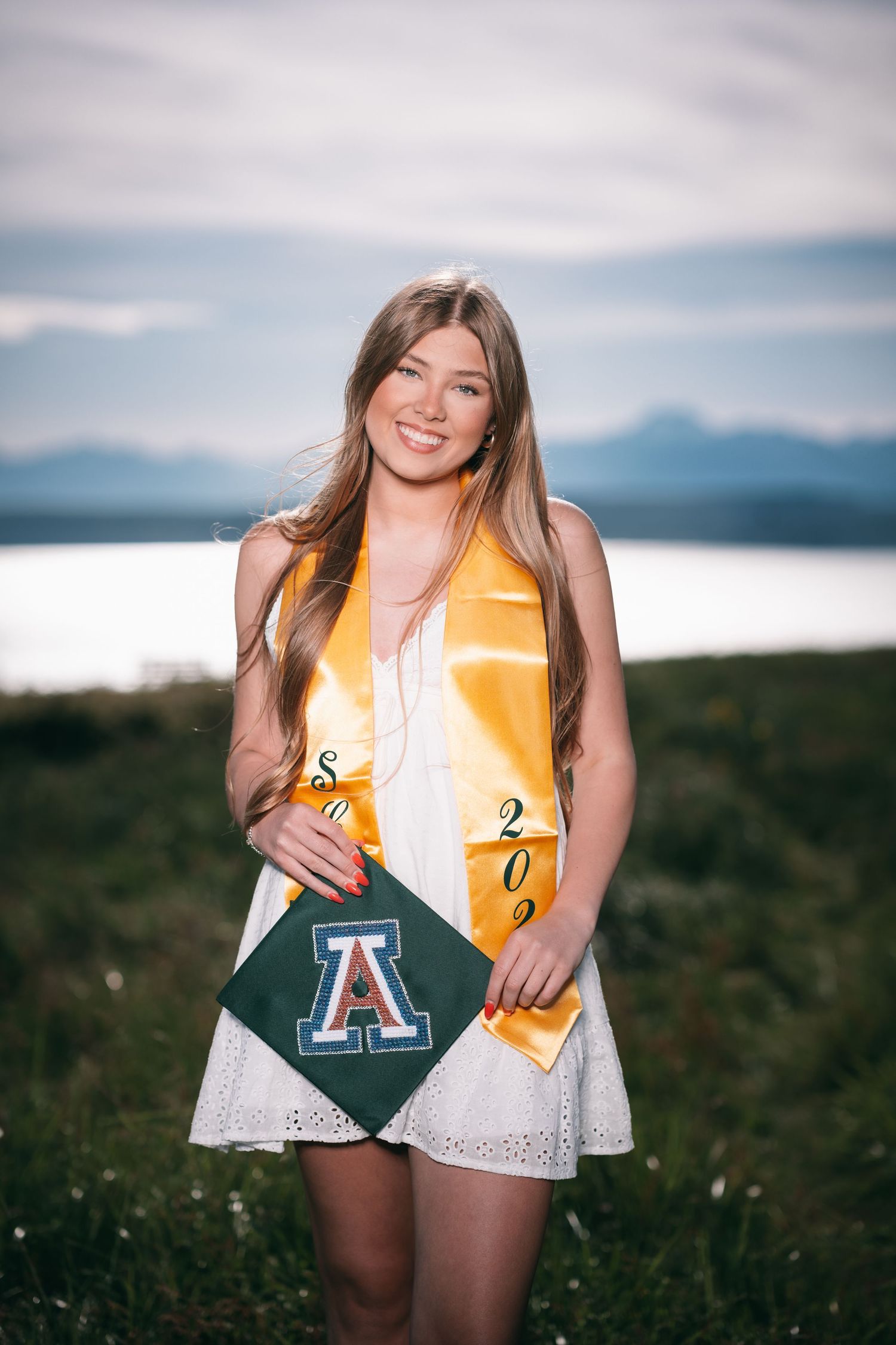 Graduation photos featuring academic regalia and sports team apparel in an outdoor setting.