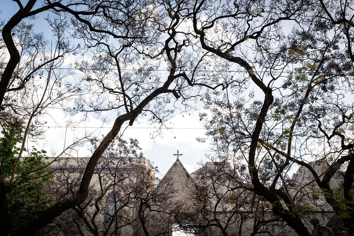 Low-angle view of a church cross visible through bare tree branches against sky.