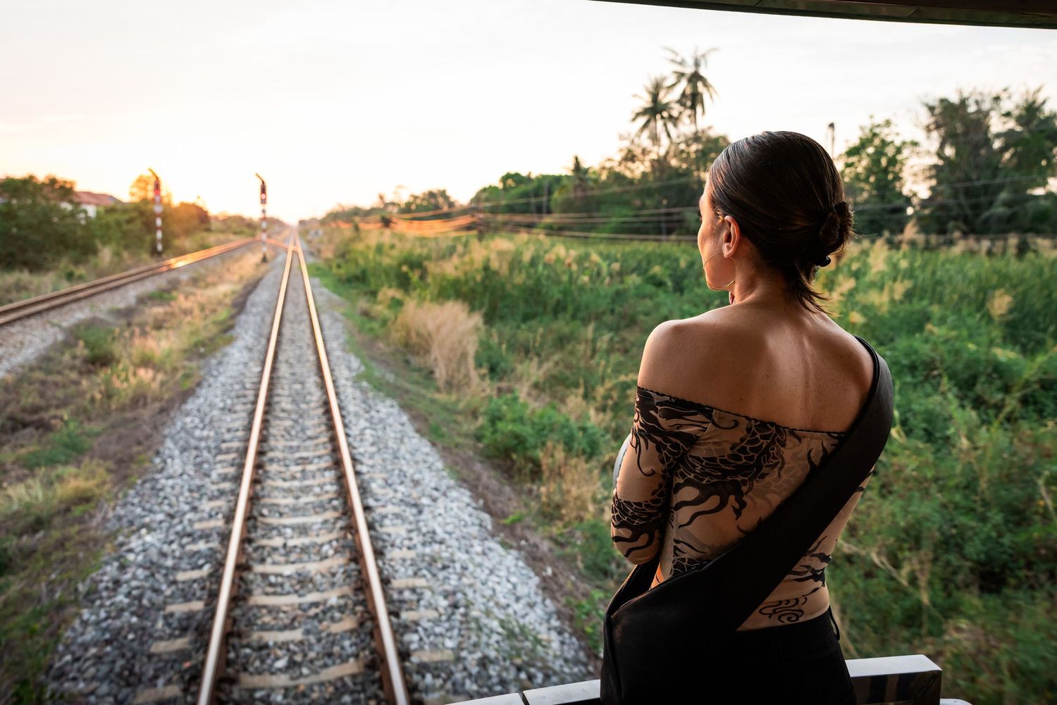 Tattooed woman gazing at railway tracks from a moving train at golden hour.