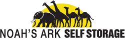 Noahs Ark Self Storage logo featuring silhouetted African animals against a yellow sun backdrop.