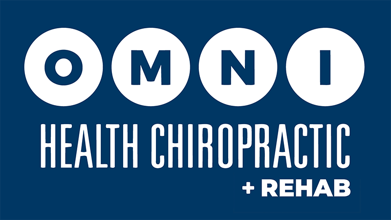 Omni Health Chiropractic and Rehab logo on bold navy blue background with white text.