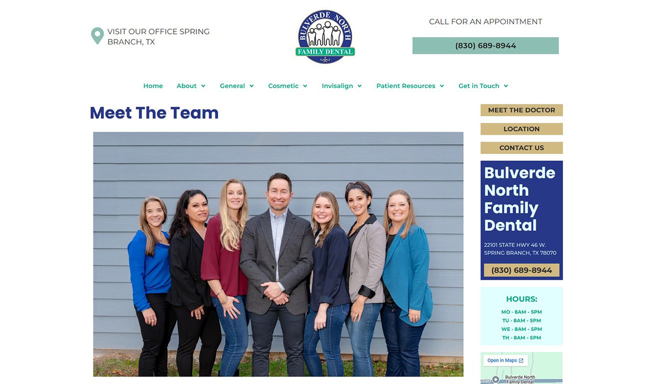 Dental team photo of Bulverde North Family Dental staff smiling together in professional attire at their Spring Branch, TX office.