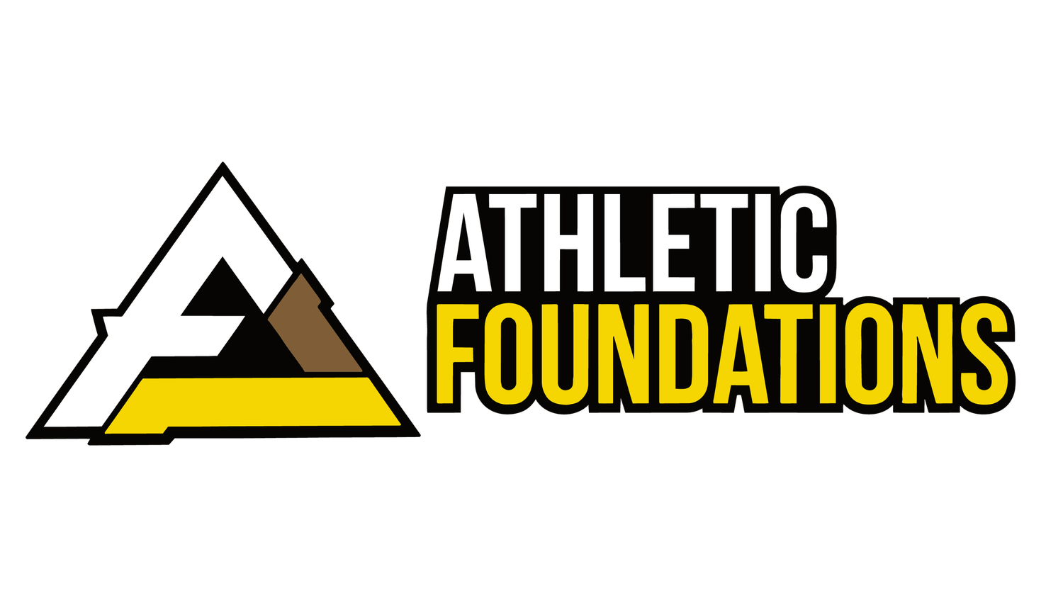 Athletic Foundations logo featuring a triangular icon with bold black and yellow typography.