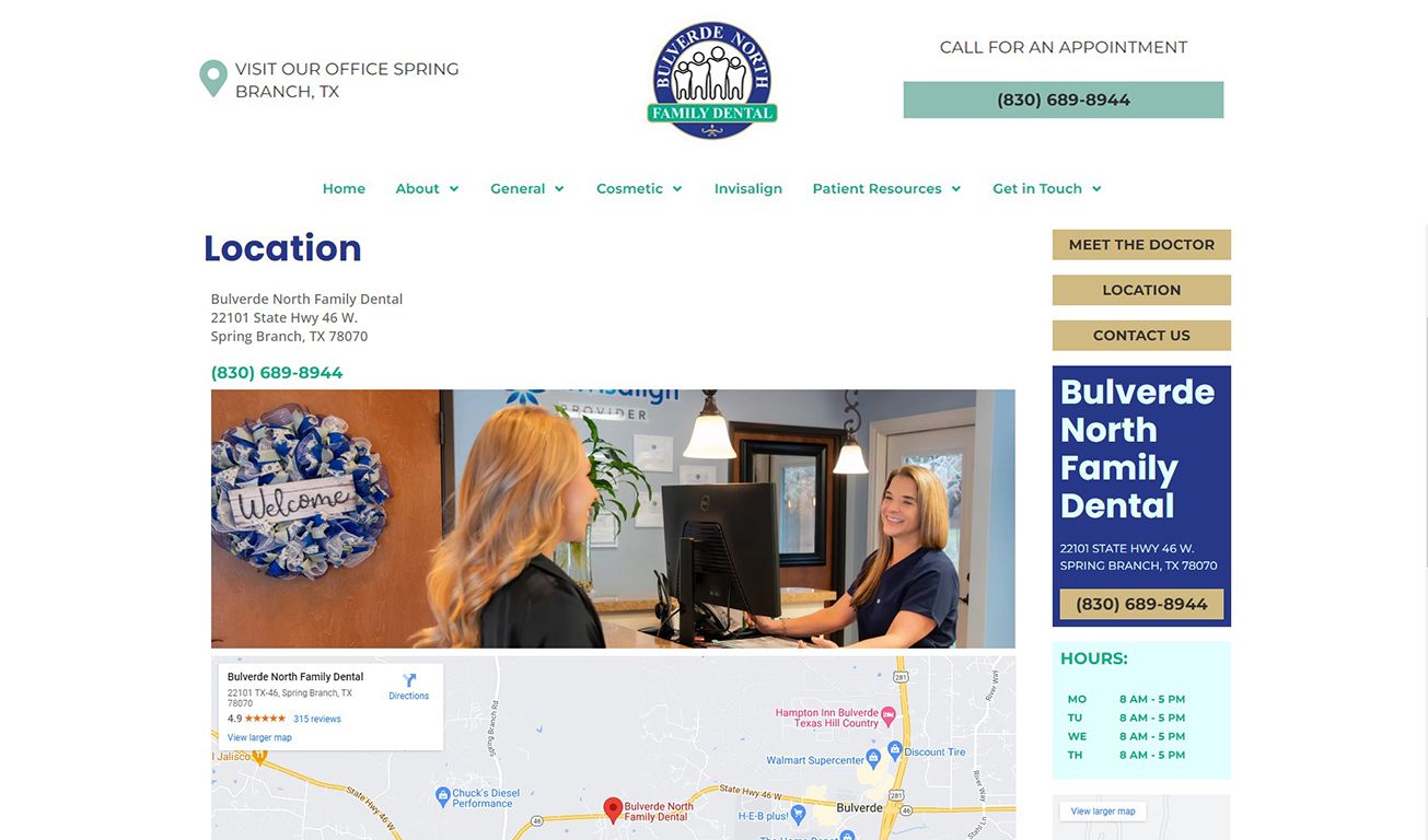 Bulverde North Family Dental location page showing office interior, map, and contact details for the Spring Branch TX dental practice.