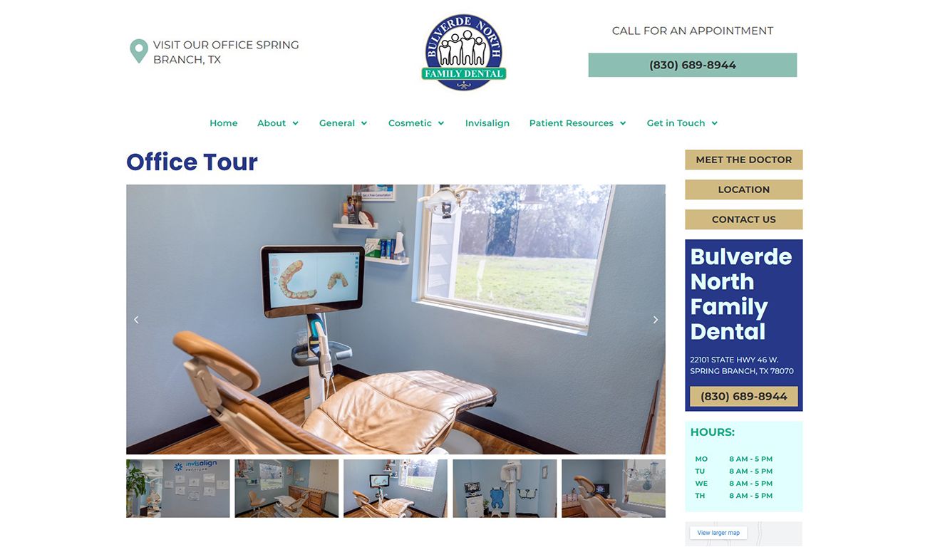 Modern dental office tour showing a treatment room with chair and equipment at Bulverde North Family Dental.
