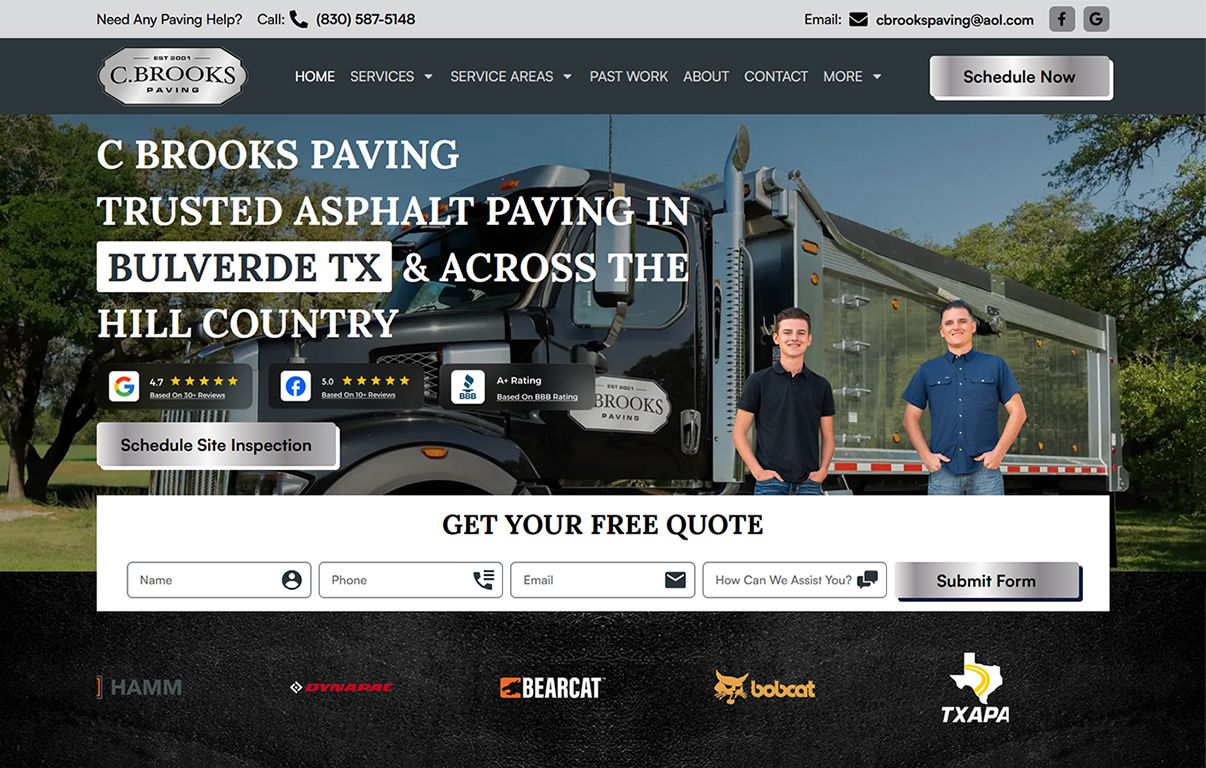 C Brooks Paving trusted asphalt paving company website homepage featuring team members and asphalt paving truck in Bulverde TX.