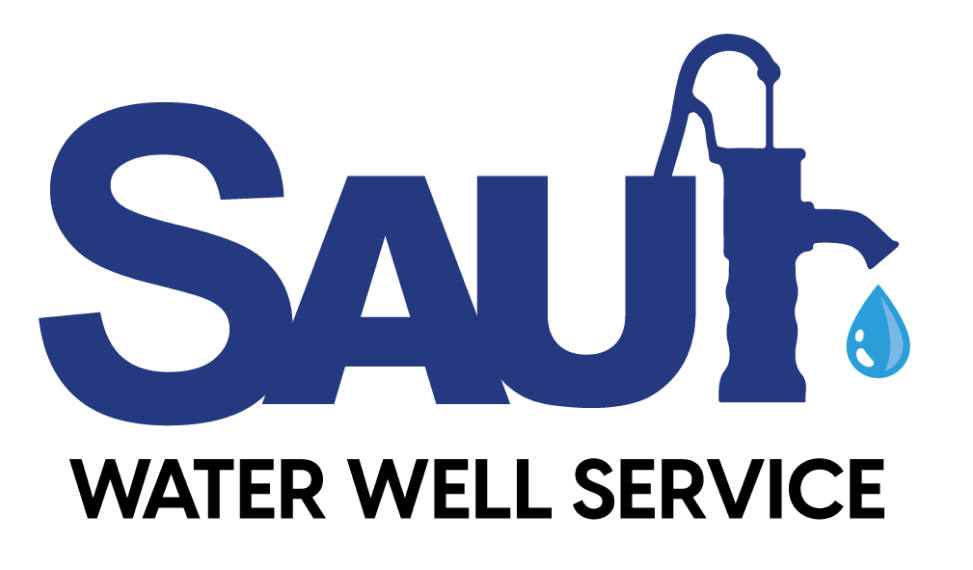 Saur Water Well Service logo with blue pump icon and water drop on white background.