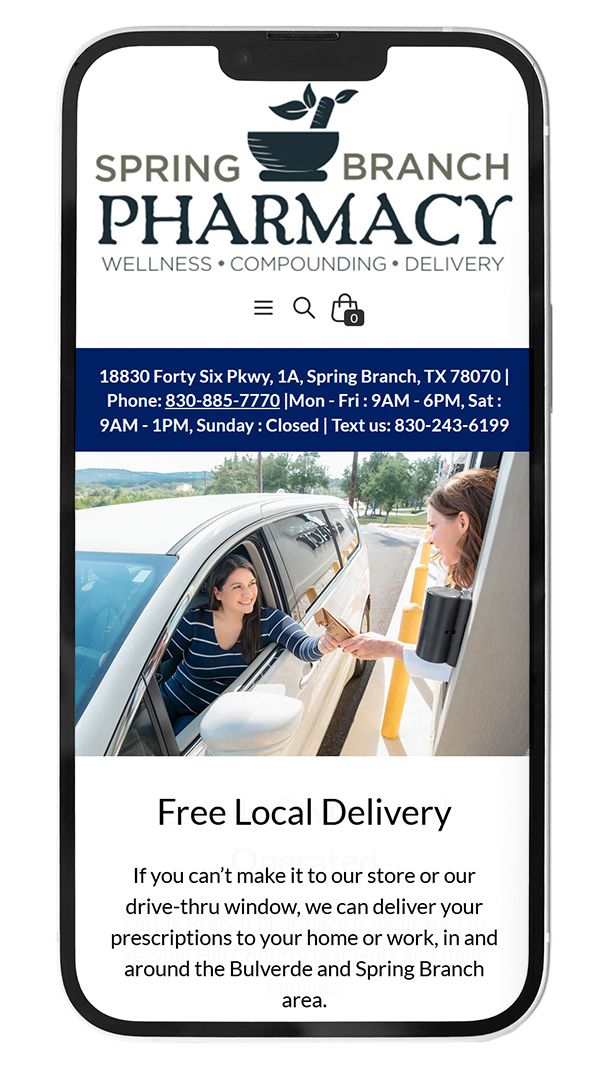 Spring Branch Pharmacy website on mobile showing free local delivery service with drive-thru window photo in Spring Branch, TX.
